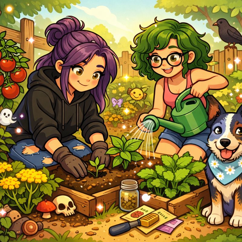 Cartoony whimsical garden scene with two women and an Australian Cattle Dog. On the left, a woman with waist-length purple hair tied back, wearing a black hoodie and ripped jeans, plants seedlings in a raised garden bed. On the right, a woman with shoulder-length curly green hair, glasses, a tank top and shorts, waters nearby plants. Rows of vegetables and herbs surround them, including tomatoes, basil, raspberries, and yarrow. Small glowing spirits, mushrooms, and magical sparkles dot the garden. In the foreground, the dog wears a powder blue collar with white daisies and a spring bandana, looking happily at the viewer. The scene is bright, warm, and cozy with a playful, magical folklore vibe.