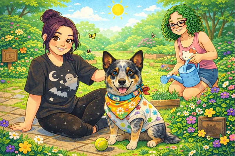 A bright, cheerful cartoon-style summer garden scene featuring three characters. Sky, with waist-length dark purple hair in a bun, wearing a spooky comfy t-shirt and leggings, sits on a garden path smiling. Luna, an Australian Cattle Dog with one blue eye and one brown eye, sits in front wearing a colorful flower-patterned bandana, with a tennis ball at her paws. M&M, with shoulder-length curly green hair, glasses, a pink Hello Kitty tank top, and blue shorts, kneels nearby watering vibrant flowers. The garden is full of colorful summer blooms, butterflies, and a clear sunny sky, creating a whimsical, cozy, and playful atmosphere.