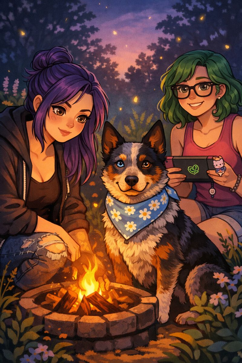 Cozy cartoony illustration of two women and an Australian cattle dog by a small fire pit at twilight. The woman on the left has waist-length purple hair in a messy bun, wearing a black tank top, open cardigan, and ripped jeans, crouching near the fire. The woman on the right has shoulder-length curly green hair, glasses, and is wearing a tank top and shorts while holding a handheld gaming device. Luna, the Australian cattle dog with one blue eye and one brown eye, sits alert between them, wearing a powder blue collar with white daisies and a summer bandana. Fireflies glow around them, and the background shows tall grass, flowers, and trees in warm orange and smoky purple twilight tones.