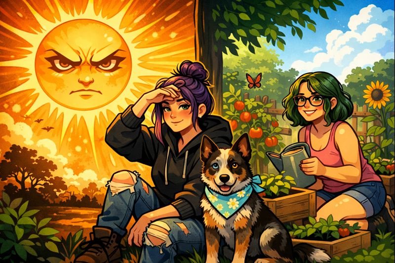 Cartoon-style illustration of a summer garden. On the left, a fierce sun with a human-like face glares down. In the center, a purple-haired person in a hoodie and ripped jeans sits on a garden stool, shielding their eyes. An Australian Cattle Dog with one blue eye and one brown eye, wearing a powder blue collar with white daisies, sits alert at their side. On the right, a green-haired person in a tank top and shorts waters plants, smiling. Garden beds with vegetables and sunflowers surround them. Bright, whimsical, cozy-spooky atmosphere.