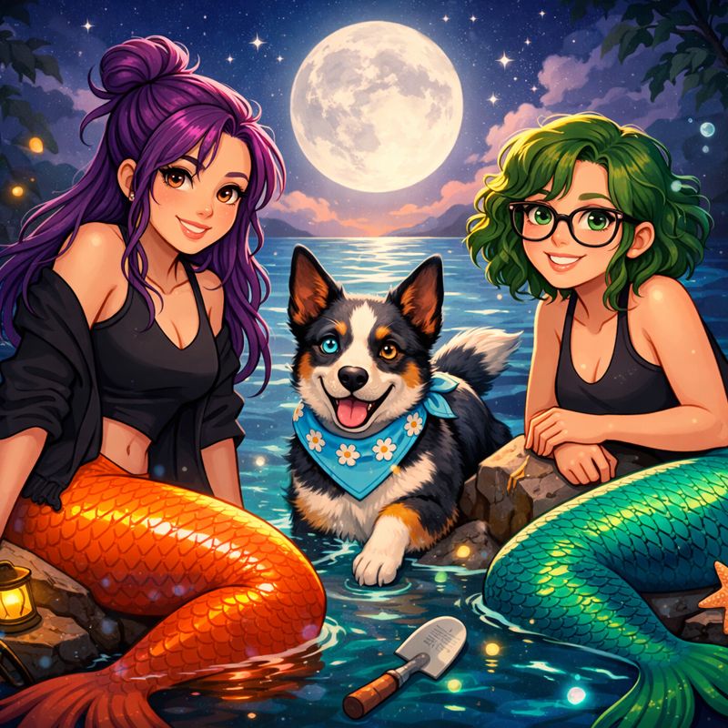 Cartoony fantasy illustration of two mermaids and an Australian cattle dog at twilight. Sky has waist-length purple hair, hazel-gray-gold eyes, an orange mermaid tail, and wears a black tank top with an open cardigan. M&M has shoulder-length curly green hair, green-blue Azurite mermaid tail, glasses, and a black tank top. Luna, the dog, has one blue eye and one brown eye, wearing a powder blue collar with white daisy accents. They sit on rocks in bioluminescent ocean waters under a full moon, with whimsical sparkles and glowing waves.