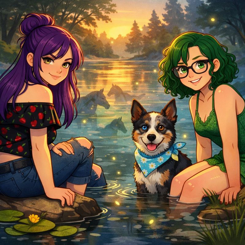 A semi-cartoon illustration of a lake at sunset with soft mist rising. On the left, a young woman with waist-length purple hair in a black off-shoulder swimsuit with cherry patterns and ripped jeans sits on a rock at the water’s edge, smiling. On the right, a young woman with shoulder-length curly green hair, glasses, and a green lacey swimsuit crouches in the shallow water, smiling. Between them is an Australian Cattle Dog with one blue eye and one brown eye, wearing a powder blue collar with daisy accents and a summer bandana, standing in the water. Ghostly shapes resembling kelpies or river spirits swim beneath the surface, and soft sparkles float on the water, creating a playful yet mystical atmosphere. Trees line the distant shore, and the warm glow of sunset reflects on the water.