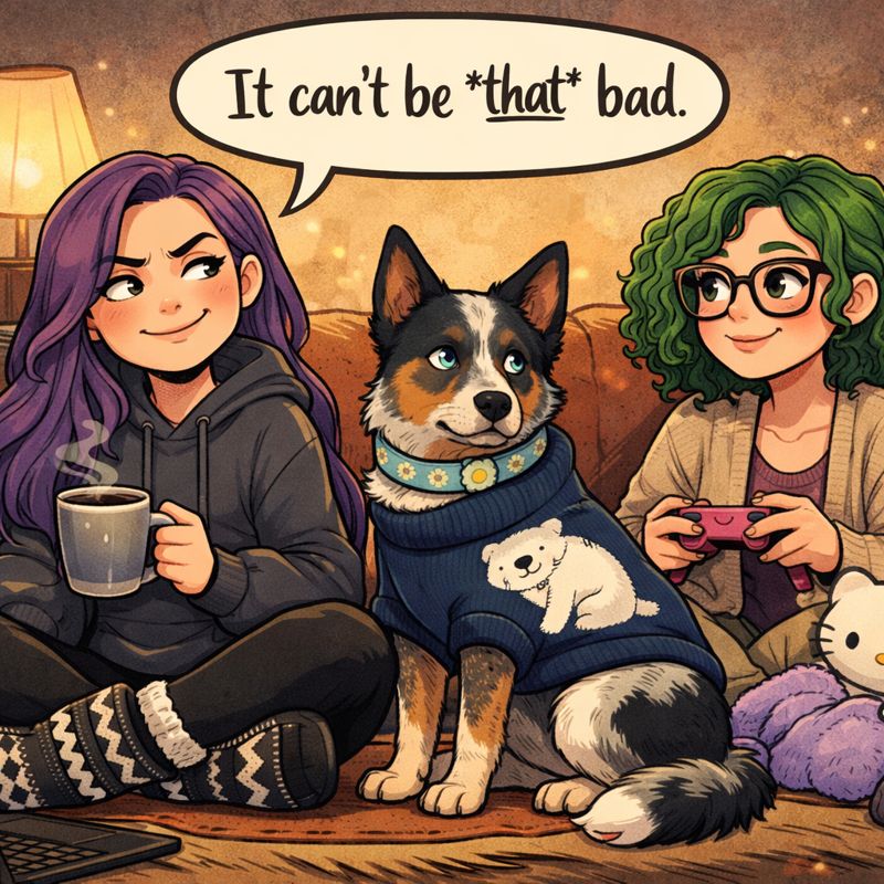 A cozy cartoon-style indoor scene featuring three characters. On the left, a person with waist-length purple hair in loose waves, wearing a dark hoodie, leggings, and moccasin-style Ojibwe slipper socks, sits cross-legged holding a steaming mug and smirking. In the center, Luna, an Australian cattle dog with one blue eye and one brown eye, wears a navy sweater with a white polar bear and looks skeptically at a speech bubble above that says, "It can't be that bad." On the right, M&M, with shoulder-length curly green hair, glasses, a beige cardigan, and lavender fluffy slipper socks, holds a pink gaming controller and smiles warmly. The room has warm muted lighting, a soft couch, and a cozy, whimsical feel.