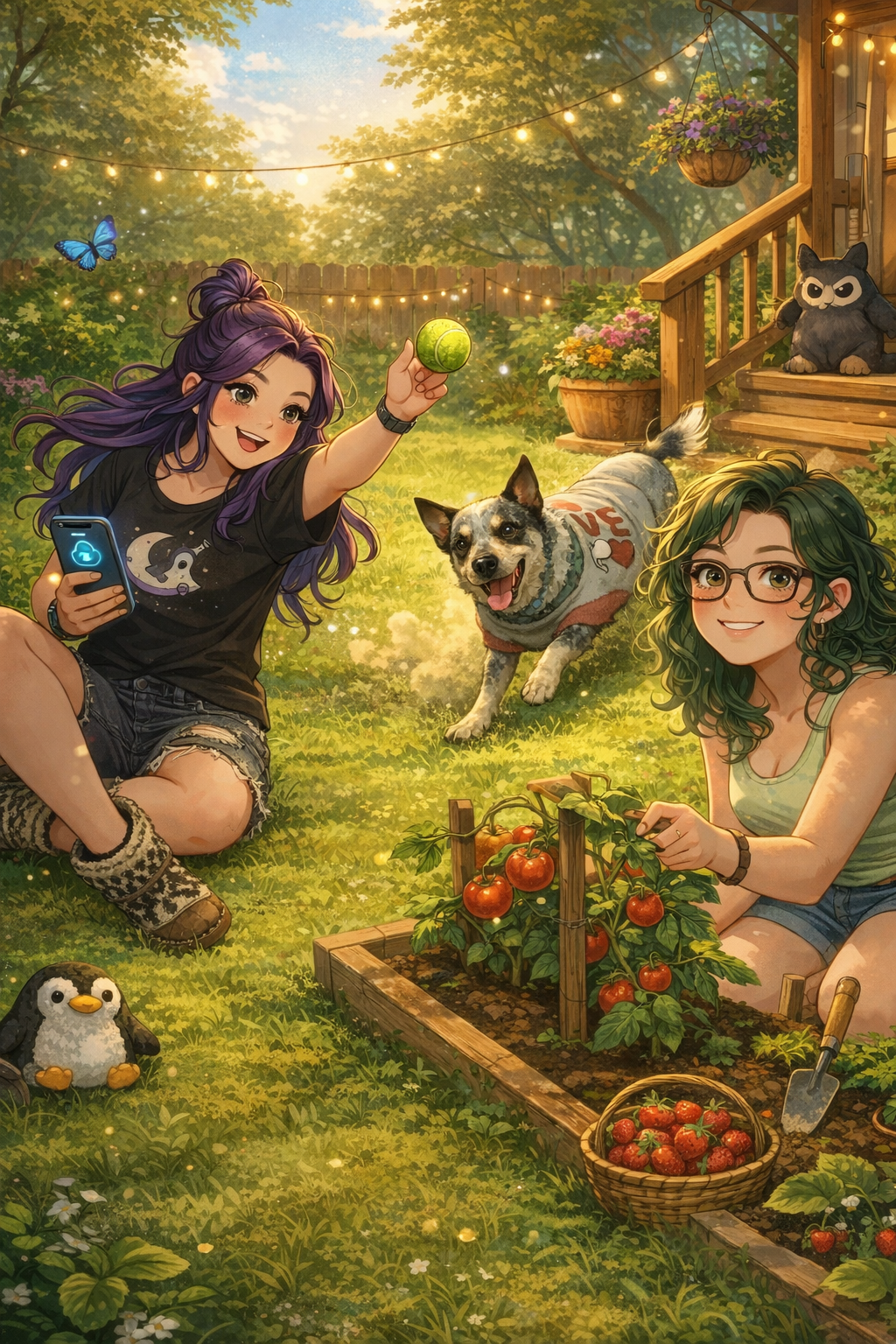 A warm, cartoony digital illustration of two women and their Australian Cattle Dog in a sunny backyard garden. One woman with long purple hair in a messy bun sits on the grass wearing a spooky black t-shirt and ripped dark shorts, holding a tennis ball in one hand and a smartphone in the other with a glowing focus mode icon on the screen. An Apple Watch is visible on her wrist. Their blue heeler, Luna, with one blue eye and one brown eye, runs toward the ball wearing a gray sweater that says “LOVE,” with the O designed as Snoopy holding a heart. The second woman, with curly green shoulder-length hair and glasses, kneels beside a raised garden bed full of ripe tomatoes and strawberries. She wears a tank top and shorts and is tending the plants. String lights hang above the yard, and a penguin plush and a small spooky plush sit nearby, adding a cozy, whimsical touch.
