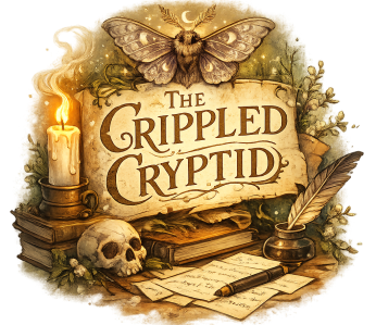 A vintage-style illustrated logo for “The Crippled Cryptid.” The design features an aged parchment sign with ornate serif lettering in warm brown tones. A detailed moth with crescent moon markings spreads its wings above the sign. Surrounding the parchment are stacked old books, a glowing candle in a brass holder, a small skull resting beside the books, loose handwritten pages, a fountain pen and inkwell, and delicate sprigs of greenery. The overall color palette is warm gold, sepia, and soft mossy green, creating a cozy, mystical woodland atmosphere.