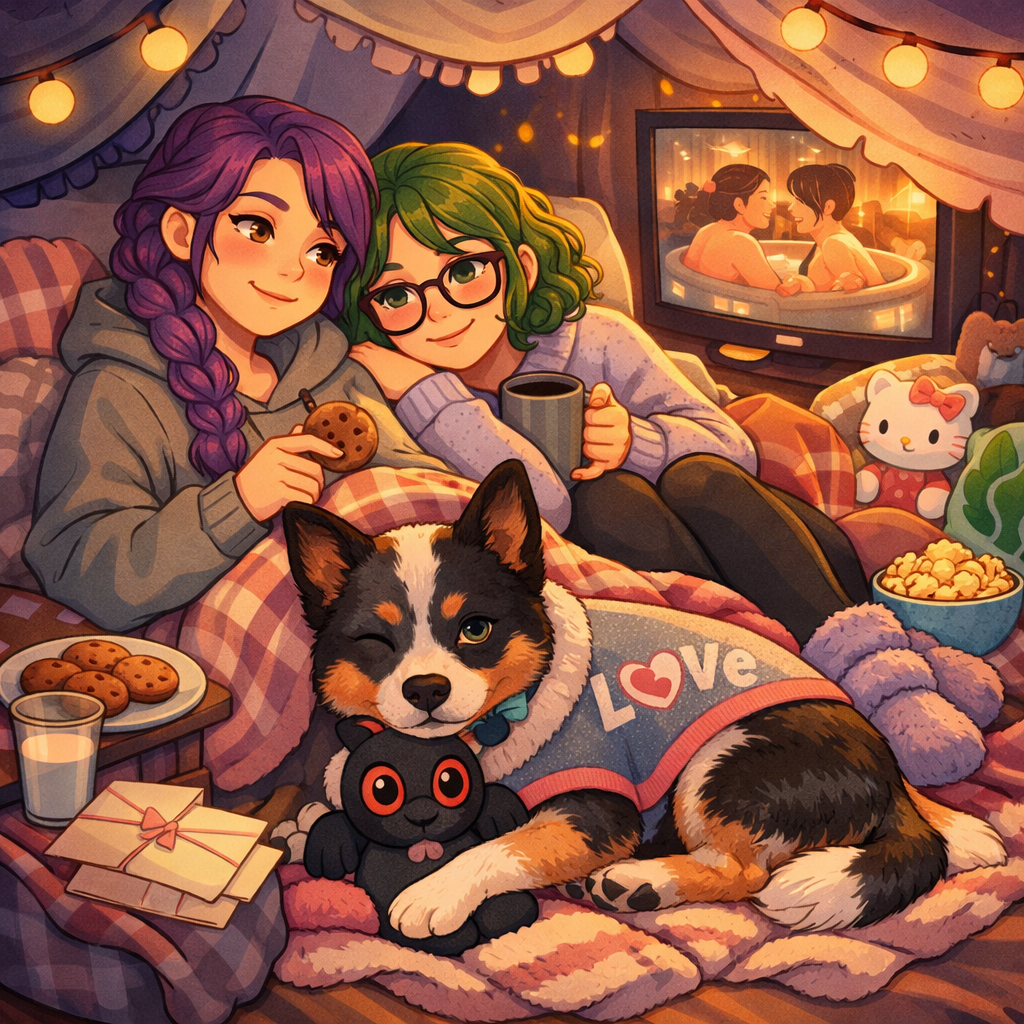 A cozy, cartoon-style illustration of two women relaxing under blankets in a softly lit room while watching TV. One has long purple hair in a braid and wears a hoodie, holding a cookie, while the other has shoulder-length curly green hair, glasses, and a cardigan, leaning against her with a warm drink. At their feet, an Australian cattle dog with one blue eye and one brown eye lies curled up in a gray sweater that says “Love,” holding a small black plush toy. Around them are cookies, a glass of milk, scattered love letters, and soft pillows. A Hello Kitty plush sits nearby, and the TV glows warmly in the background, creating a peaceful, comforting atmosphere.
