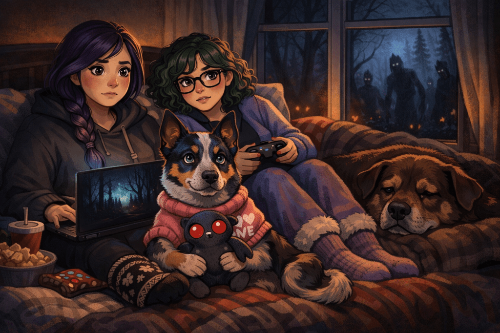 A cozy, cartoon-style illustration of two women sitting in a bed surrounded by blankets, watching a dark forest scene on a laptop. One has long purple hair in a braid and wears a hoodie and patterned slipper socks, while the other has curly green hair, glasses, and holds a game controller, dressed in cozy loungewear. Between them sits an alert Australian cattle dog with one blue eye and one brown eye, wearing a pink sweater and holding a small mothman plush. A larger dog rests beside them, half-awake. Snacks and drinks sit nearby. Outside the window behind them, shadowy human-like figures with glowing eyes stand among dark trees, creating an eerie contrast with the warm, safe interior.