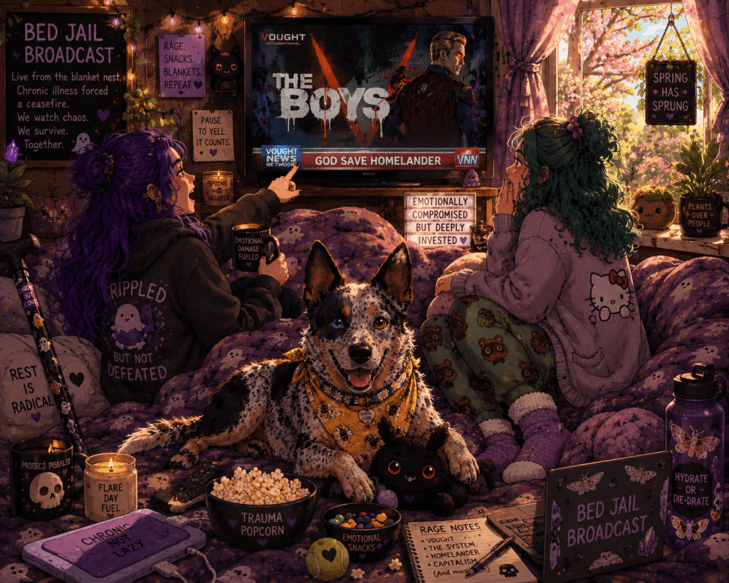 Alt text: Cozy cartoon-style Bed Jail™ scene featuring two women and an Australian cattle dog watching The Boys under purple ghost-print blankets. One woman has long purple hair and points dramatically at the TV while the other, with curly green hair, looks shocked. Luna the cattle dog lays between them wearing a yellow bee bandana beside popcorn, plushies, candles, and spooky cute décor in a warm spring-lit room.
