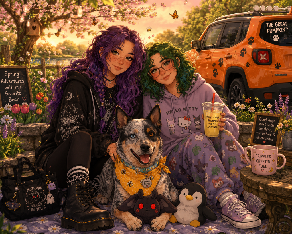 A warm, cartoony spring illustration of Sky, M&M, and Luna relaxing together outdoors during golden hour. Sky has waist-length purple hair in loose braids, freckles, black leggings, a dark oversized Cryptid hoodie, black Doc Martens, and black-and-white moccasin-style slipper socks inspired by Ojibwe designs. M&M has curly shoulder-length green hair, glasses, hazel-green eyes, a cozy Hello Kitty hoodie, black leggings, lavender knit slipper socks with fluffy trim, and holds a cup of county fair lemonade. Luna, an Australian cattle dog with one blue eye and one brown eye, sits happily between them wearing a yellow honeybee bandana and powder blue daisy collar while guarding a penguin plush and a spooky-cute Mothman plushie. Around them are flowers, butterflies, spring greenery, and cozy flea market details including signs reading “Spring Adventures with Luna,” “Antiques, Plants & Chaos,” and “Emotional Support Flea Market.” Nearby are a purple drink cup reading “Good Days Do Exist,” a Mothman-themed bag, and soft picnic blankets. The overall mood is cozy, whimsical, healing, and full of springtime warmth.