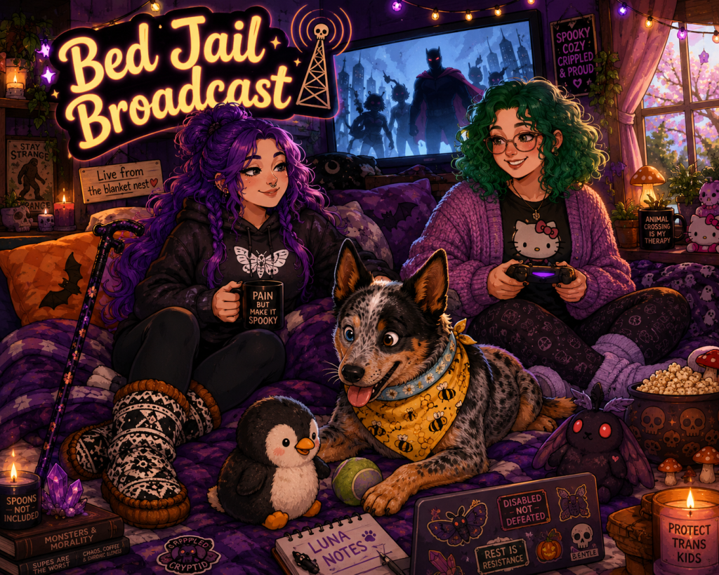 A cozy, spooky-cartoon illustration of Sky, M&M, and Luna relaxing together in a purple-and-orange āBed Jail Broadcastā blanket nest during spring. Sky has long purple hair in loose braids, wearing a black hoodie, black leggings, and black-and-white moccasin-style slipper socks while holding a mug that says āPain But Make It Spooky.ā M&M sits beside them with curly green hair, glasses, a purple cardigan, pajama leggings, and lavender slipper socks, holding a game controller. Luna, an Australian cattle dog with one blue eye and one brown eye, lies happily between them wearing a yellow bee-pattern bandana beside a penguin plush and tennis ball. The room glows with warm string lights, spooky decor, candles, plants, cryptid art, and cozy gaming details. A TV in the background displays shadowy superhero figures inspired by The Boys, while a glowing neon-style āBed Jail Broadcastā sign hangs overhead.