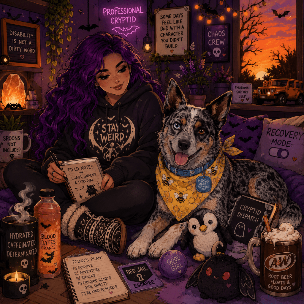 A cozy spooky-cute cartoon illustration of Sky and Luna relaxing together in a warmly lit room at sunset. Sky has long wavy purple hair, freckles, and wears a black āStay Weirdā hoodie with patterned slipper socks while writing in a notebook labeled āField Notes: Chaos, Snacks & Survival.ā Luna, an Australian Cattle Dog with one blue eye and one brown eye, lays beside her wearing a yellow honeybee bandana and blue medical alert tag. Around them are cryptid-themed decor, bats, candles, plants, plushies, a penguin toy, a mothman plush, blood orange electrolytes, and a frosty A&W root beer mug. Through the window, an orange Jeep Renegade sits outside beneath a vivid orange-and-purple spring sunset. The room is filled with cozy disability pride energy, spooky charm, and soft recovery-day vibes.