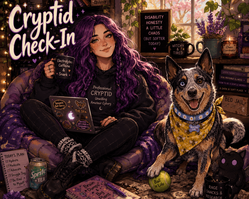 A cozy, cartoony digital illustration for The Crippled Cryptid featuring Sky lounging in a plush purple beanbag nest surrounded by warm fairy lights, plants, candles, books, and spooky-cute decor. Sky has long wavy purple hair, freckles, hazel eyes, and wears an oversized black hoodie, black leggings, moccasin-style slipper socks with a black-and-white tribal pattern, and black Doc Martens. She’s holding a mug labeled “Electrolytes, Caffeine & Snark” while working on a sticker-covered laptop. Beside her sits Luna, an Australian cattle dog with one blue eye and one brown eye, wearing a yellow bee-patterned bandana and a powder blue daisy collar while proudly guarding a tennis ball. Cozy details throughout the room include a can of Sprite + Tea, a “Bed Jail” box, notebooks, a tiny black cat plush, glowing candles, and a sign reading “Disability. Honesty. A little chaos. (But softer today.)” The overall mood is warm, lived-in, whimsical, and gently haunted in a comforting way.