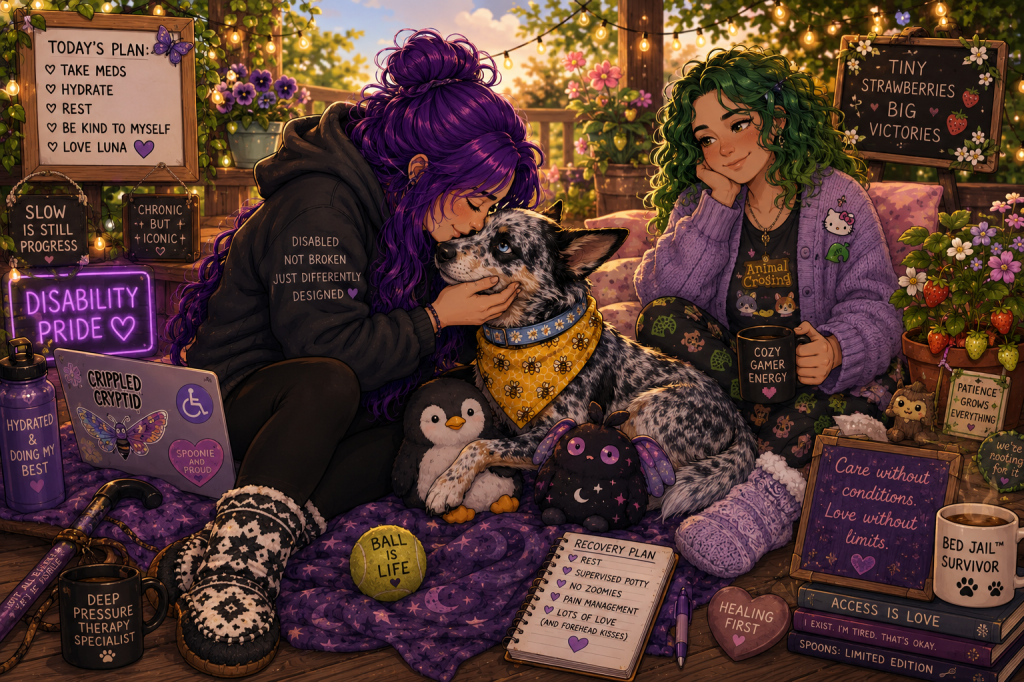 A warm, cartoon-style illustration set on a cozy wooden deck during a golden spring sunset. In the center, Sky, a disabled woman with waist-length purple hair in a loose bun, sits on a blanket wearing a black hoodie, black leggings, and black-and-white moccasin-style slipper socks. She gently presses her forehead against Luna, her Australian Cattle Dog service dog, who has one blue eye and one brown eye. Luna wears a powder blue daisy-patterned collar and a yellow bee-themed bandana. Beside them sits M&M, a woman with shoulder-length curly green hair, wearing a lavender cardigan, cozy leggings, and lavender knit slipper socks. She smiles warmly while holding a mug. The deck is filled with potted flowers, strawberry plants bearing small red and green berries, fairy lights, and disability pride decor. A laptop decorated with The Crippled Cryptid stickers sits nearby, along with Sky’s cane. Luna is surrounded by favorite comfort items including a plush penguin, a spooky-cute mothman plush, and a tennis ball. Handwritten signs and decorations throughout the scene feature messages about disability pride, rest, healing, community care, and recovery. The overall mood is gentle, hopeful, and loving, capturing a family preparing for Luna’s upcoming surgery while enjoying a peaceful spring evening together. 🐾💜🍓