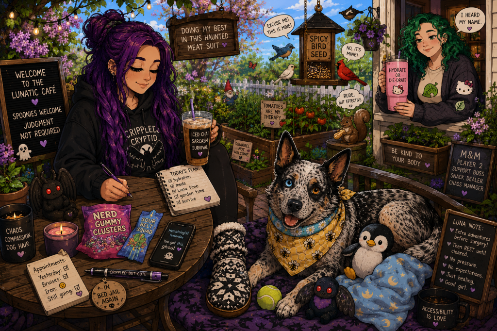 Whimsical cartoon-style illustration of Sky relaxing at the outdoor "Lunatic Café" on a warm spring day. Sky has long purple hair and wears a black hoodie, black leggings, and black-and-white patterned moccasin-style slipper socks inspired by Ojibwe designs. She sits at a wooden table writing in a notebook while holding an iced chai latte. Nearby are Nerd Gummy Clusters, sour belt candies, candles, a phone, and signs with humorous chronic illness and disability-themed messages. Luna, an Australian cattle dog with one blue eye and one brown eye, lies beside the table wearing a yellow honeybee bandana and a powder-blue daisy collar. She rests on a blanket with a penguin plush, a tennis ball, and a small Mothman toy nearby. A chalkboard next to her outlines her upcoming surgery recovery plan, emphasizing rest, healing, and no expectations. Behind them, raised garden beds overflow with tomato plants, flowers, and spring greenery. Birds argue around a feeder labeled "Spicy Bird Seed" while a squirrel sits nearby holding a peanut. M&M, with curly green hair, stands in a nearby window holding a pink tumbler and smiling. Decorative signs around the scene reference chronic illness, disability, self-care, gardening, and friendship. Warm string lights hang overhead, creating a cozy, hopeful atmosphere that blends humor, healing, disability pride, service dog life, and the everyday joys of spring. 🖤🐾🍅☕🌻