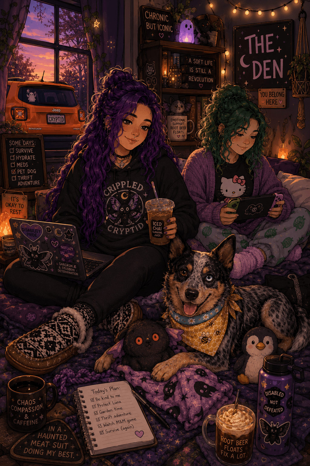 A cozy, cartoon-style bedroom scene at dusk featuring two women relaxing together in a softly lit space called “The Den.” Sky sits on a bed in a black Cryptid hoodie, leggings, and patterned moccasin-style slipper socks, holding an iced chai latte. Her waist-length purple hair is styled half-up in loose waves. Beside her is Luna, an Australian cattle dog with one blue eye and one brown eye, wearing a yellow bee-themed bandana and resting among blankets, plushies, and toys including a penguin plush and a small mothman plush. M&M sits nearby in a lavender cardigan and pajama pants, playing a cozy game on a handheld console. Warm fairy lights, plants, spooky-cute décor, and disability pride stickers decorate the room. Outside the window, an orange Jeep Renegade is parked in the spring sunset. The overall mood is soft, lived-in, comforting, and gently chaotic.