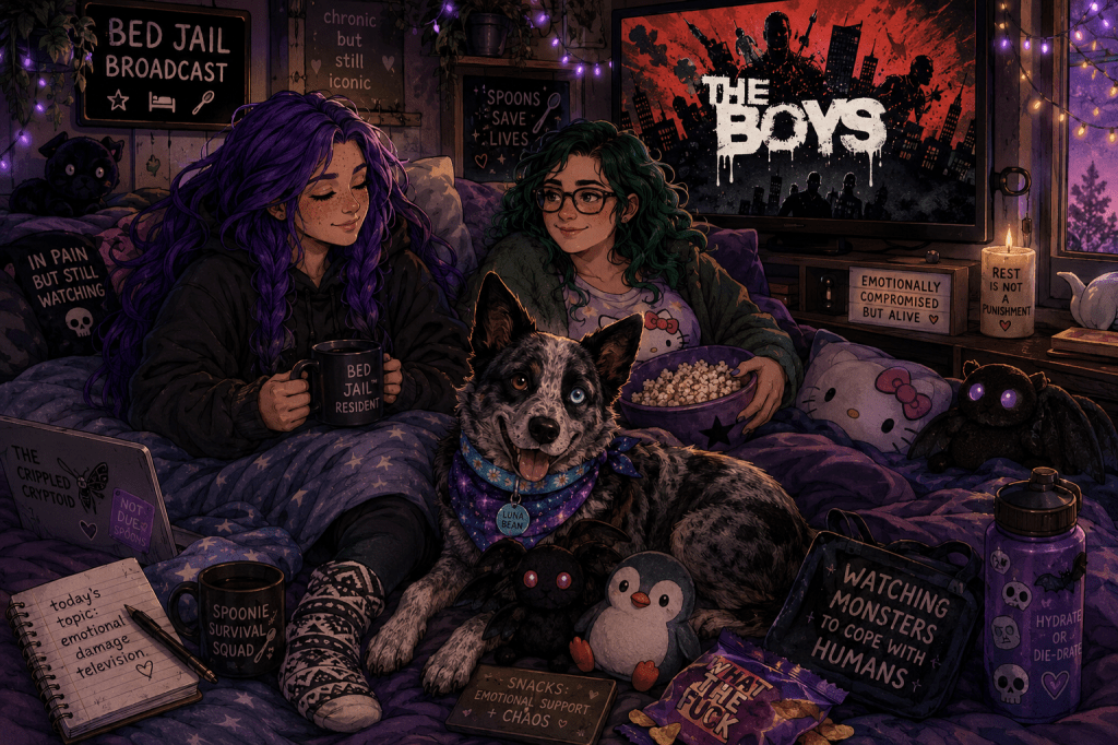 A cozy cartoon-style nighttime illustration of two women and an Australian cattle dog relaxing together in a blanket nest while watching The Boys. One woman has long wavy purple hair and wears a black hoodie with patterned moccasin-style slipper socks. Beside her sits a woman with curly green hair, glasses, and a cozy cardigan holding a bowl of popcorn. Between them is Luna, a blue heeler with one blue eye and one brown eye, wearing a galaxy bandana and surrounded by plushies including a penguin and spooky cute mothman plush. The room glows with purple fairy lights, candles, and TV light, filled with cryptid-themed decor, snacks, mugs, notebooks, and signs reading “Bed Jail Broadcast” and “Emotionally Compromised But Alive.” The overall mood is warm, emotional, spooky cozy, and deeply lived-in.