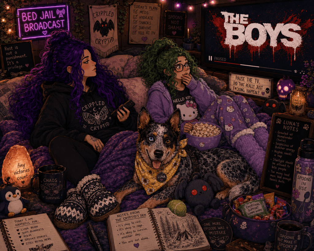 Cozy spooky-cute cartoon illustration of Sky and M&M sitting in a blanket-filled “Bed Jail™” watching The Boys while Luna, their Australian cattle dog with one blue eye and one brown eye, lays between them wearing a yellow bee bandana. The purple-lit room is filled with cryptid décor, snacks, plushies, candles, and chronic illness affirmations while the paused TV screen reads: “Did that really just fucking happen?”
