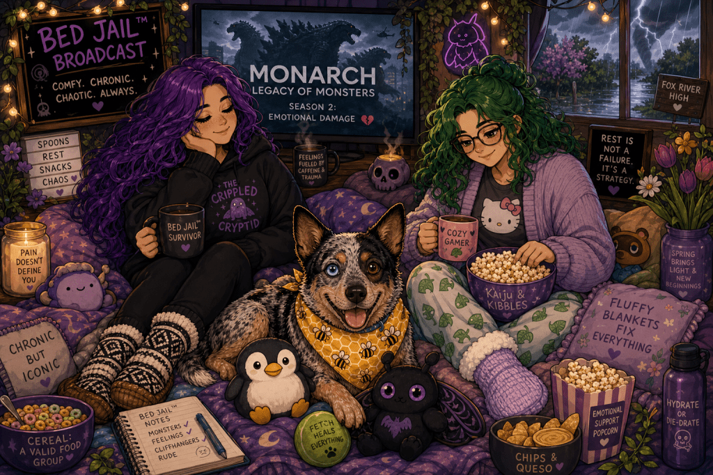 A cozy, cartoon-style illustration of two women and an Australian cattle dog relaxing in a blanket nest while watching TV during a storm. One woman has long purple hair and wears a hoodie and patterned moccasin-style slipper socks, while the other has curly green hair, glasses, and cozy pajamas. Between them sits their dog with one blue eye and one brown eye, wearing a yellow bee-patterned bandana and surrounded by plush toys, including a penguin and a mothman. The room glows with warm fairy lights, snacks like popcorn and chips are scattered nearby, and a TV in the background displays Monarch: Legacy of Monsters. Handwritten-style signs reference chronic illness, rest, and comfort, creating a soft, cozy, emotionally supportive atmosphere.