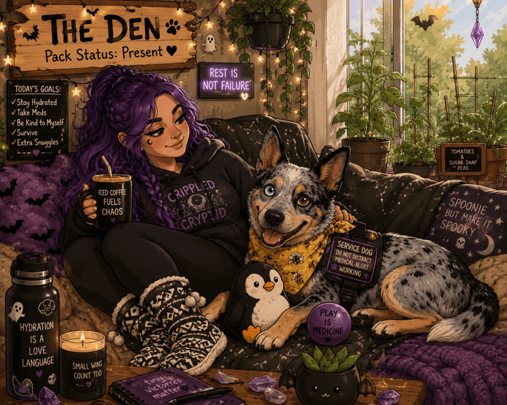A cozy, spooky-cute cartoon illustration set in a living room called The Den. A wooden sign on the wall reads, “The Den. Pack Status: Present.” Sky, a person with long, wavy purple hair, sits curled up on a dark couch wearing a black Crippled Cryptid hoodie, black leggings, and black-and-white patterned moccasin-style slipper socks. They hold a mug that reads, “Iced Coffee Fuels Chaos,” and smile warmly at Luna. Luna, an Australian Cattle Dog with one blue eye and one brown eye, lies beside Sky wearing a yellow bandana decorated with bees and honeycombs and a service dog vest. She looks happy and relaxed while guarding a penguin plush and a purple ball that reads, “Play Is Medicine.” The room is filled with soft, warm details: fairy lights, tiny bat decorations, trailing houseplants, a glowing sign that says, “Rest Is Not Failure,” and a chalkboard listing goals like staying hydrated, taking meds, being kind to yourself, and surviving. A black water bottle nearby reads, “Hydration Is a Love Language.” A candle says, “Small Wins Count Too,” and a notebook on the table reads, “Tiny Victories Matter.” Near a large window, potted tomato and sugar snap pea plants grow toward the summer sunlight. The couch is draped with blankets and pillows, including one that says, “Spoonie, but make it spooky.” The overall feeling is warm, safe, and gently reassuring, like spending a quiet evening in a place where rest, softness, and simply being present are enough. 🐾💜🌿