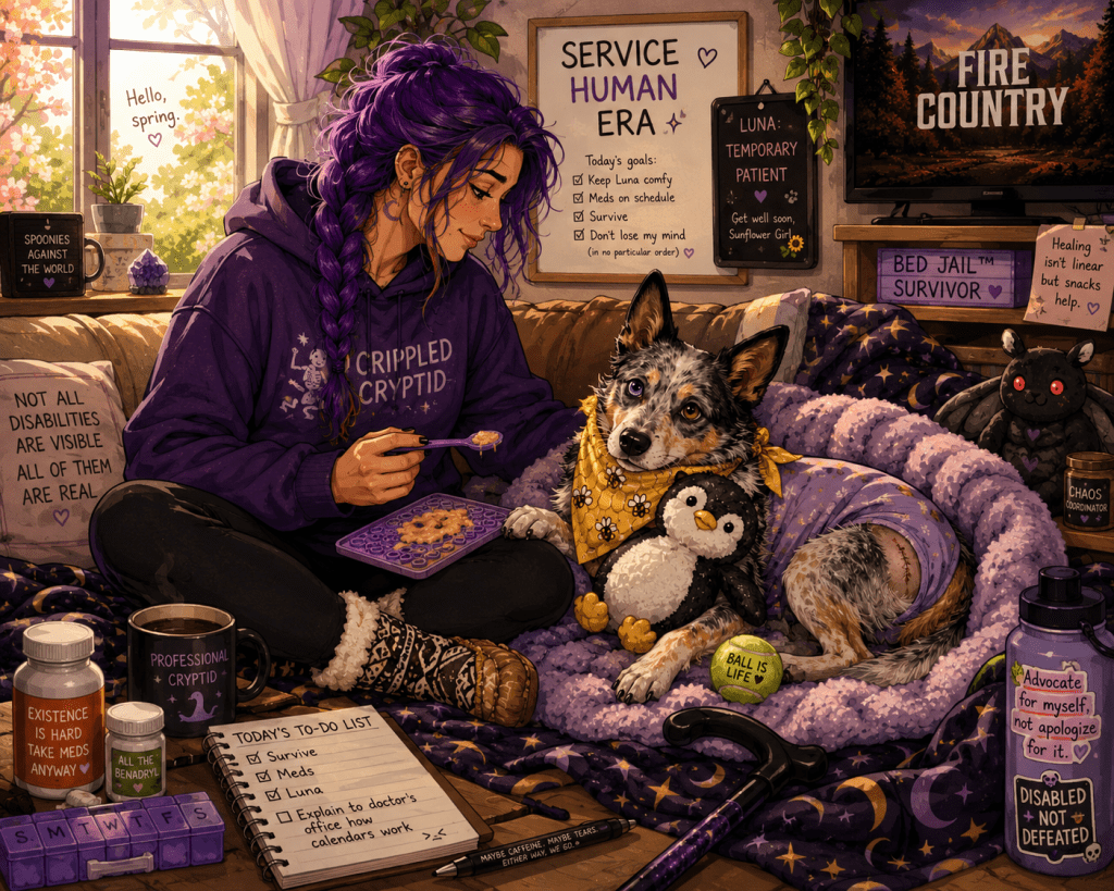 A cozy cartoon-style illustration shows Sky, a disabled blogger with long purple hair in a loose braid, sitting cross-legged on the floor beside Luna, their Australian Cattle Dog service dog. Sky wears a purple "Crippled Cryptid" hoodie, black leggings, and patterned moccasin-style slipper socks while gently offering Luna a lick mat treat. Luna rests comfortably in a plush purple blanket nest, wearing a yellow bee-patterned bandana and a recovery suit following her spay surgery. She cuddles a penguin plush and watches Sky with one blue eye and one brown eye. The room is filled with warm spring sunlight streaming through a window overlooking blooming flowers. A cane rests nearby, along with a coffee mug labeled "Professional Cryptid," medication bottles, a weekly pill organizer, and a notebook listing tasks such as surviving, taking meds, caring for Luna, and explaining calendars to a doctor's office. A tennis ball labeled "Ball Is Life" sits just out of Luna's reach. Around the room are playful signs reading "Service Human Era," "Temporary Patient," "Bed Jail™ Survivor," and disability advocacy messages. A television in the background displays Fire Country. Purple blankets, plants, and spooky-cute decorations create a warm, lived-in atmosphere that reflects mutual care, chronic illness life, disability advocacy, and the bond between a service dog and her devoted handler during recovery. 💜🐾🌻