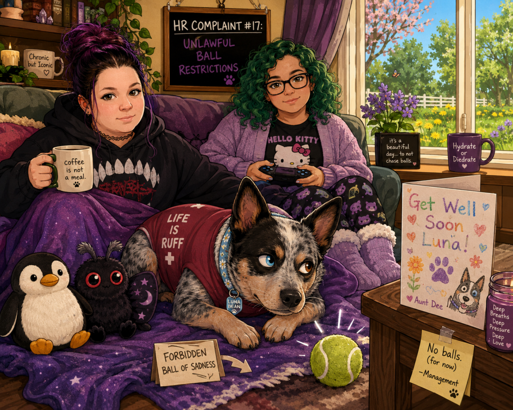 Alt Text: A cozy cartoon-style illustration shows Luna Bean, an Australian Cattle Dog with one blue eye and one brown eye, recovering after her spay surgery. She wears a maroon recovery suit labeled “Life Is Ruff” and lies dramatically on a purple blanket while staring at a tennis ball she is not allowed to chase. Behind her, Sky, with dark purple hair in a messy bun, relaxes under a blanket holding a mug that reads “Coffee Is Not a Meal.” Beside her sits M&M, with curly green hair and glasses, holding a game controller. A penguin plush, a spooky-cute Mothman plush, and a handmade get-well card from Aunt Dee surround Luna. A chalkboard in the background reads “HR Complaint #17: Unlawful Ball Restrictions.” Through a sunny window, spring flowers bloom outside. The overall mood is warm, humorous, and comforting, celebrating Luna’s recovery and the love shared between a service dog and her family.