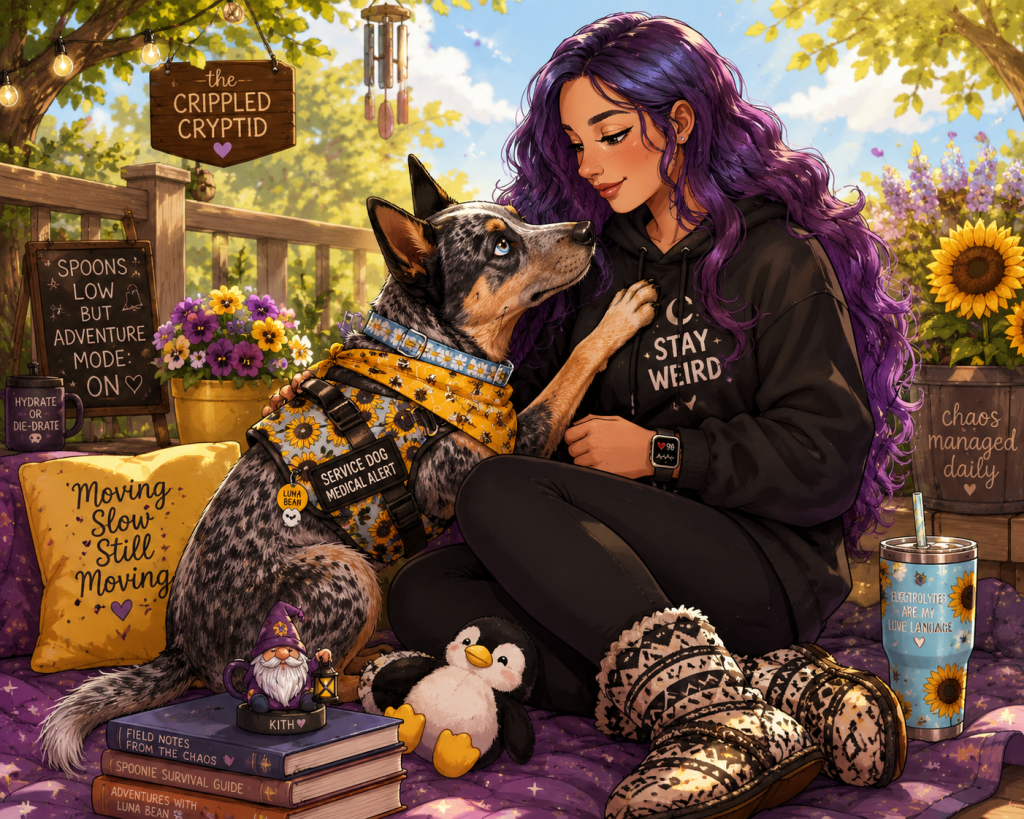 A colorful cartoon-style illustration shows a woman with long wavy purple hair sitting cross-legged on a blanket outdoors in a sunny spring garden. She wears a black hoodie, black leggings, and black-and-white patterned slipper socks inspired by moccasins. Facing her is Luna Bean, an Australian Cattle Dog with one blue eye and one brown eye, wearing a yellow sunflower-themed service dog bandana and medical alert harness. Luna rests a paw on the woman's lap while they gaze affectionately at one another. Surrounding them are cheerful details tied to The Crippled Cryptid blog, including purple and yellow flowers, sunflowers, string lights, a wooden sign reading "The Crippled Cryptid," a chalkboard that says "Spoons low but adventure mode on," and a tumbler decorated with sunflowers. A small dragon-hatted gnome named Kith sits on a stack of books beside a plush penguin toy. Decorative pillows feature phrases about moving forward and managing chaos. The overall mood is warm, cozy, whimsical, and hopeful, celebrating disability, chronic illness, service dog partnership, and finding joy in everyday adventures. 💜🐾🌻🧙‍♂️📚