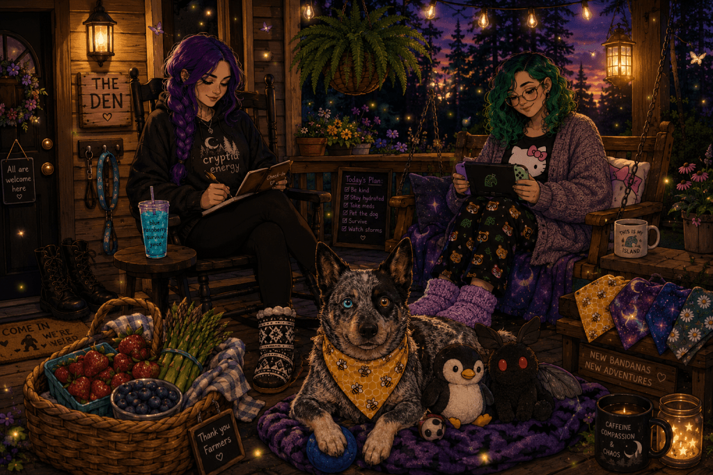 Illustrated cozy woodland cabin porch at sunset during a warm Illinois summer evening. Sky sits in a rocking chair wearing a black hoodie, leggings, and black-and-white moccasin-style slipper socks, with long purple hair braided over one shoulder and a blue drink nearby. M&M relaxes on a porch swing with curly green hair, glasses, a cardigan, and a Nintendo Switch. Luna Bean, an Australian Cattle Dog with one blue eye and one brown eye, wears a yellow honeybee bandana while guarding a blue ball, a penguin plush, and a chunky Mothman plush. A basket of fresh strawberries, blueberries, and asparagus sits on the porch beside three colorful dog bandanas. Lanterns glow overhead as fireflies and tiny moths drift through the evening air beneath a sign reading "The Den."