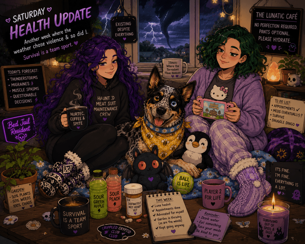 A cozy, spooky-cute cartoon illustration of a stormy Saturday night in the Lunatic Café. Sky, a woman with long, wavy purple hair and no glasses, sits cross-legged on a couch wearing an oversized black hoodie, black leggings, and black-and-white patterned moccasin slipper socks. She's holding a black mug that reads "Nurtec, Coffee & Spite." Beside her sits M&M, a woman with shoulder-length curly green hair, glasses, and lavender knit slipper socks, wearing purple pajamas and a cardigan while holding a handheld gaming console displaying Animal Crossing. Between them sits Luna, their happy Australian Cattle Dog with one blue eye and one brown eye. She's wearing a yellow honeybee bandana and is surrounded by her favorite things: a tennis ball, a penguin plush, and a spooky-cute mothman plushie. Outside the window, lightning flashes across a dark Illinois sky, and a tornado can be seen in the distance. The room glows warmly with candles, string lights, plants, and little signs featuring humorous phrases about chronic illness and survival. On the coffee table are sour green apple and sour peach drinks, a prescription bottle labeled "Definitely Not Ready Yet," and mugs that say "Survival Is a Team Sport" and "Player 2 for Life." The overall feeling is cozy and lived-in despite the chaos outside: a stormy night spent surviving together with humor, love, video games, and a very dedicated Service Dingo. 🖤🐾🌩️