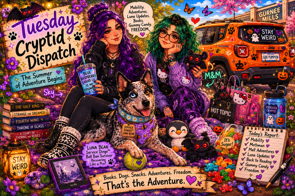 A colorful cartoon-style featured image for Tuesday Cryptid Dispatch: The Summer of Adventure Begins. Sky sits on a purple picnic blanket with long waist-length purple hair, wearing a black hoodie, black leggings, black combat boots, and black-and-white patterned moccasin slipper socks inspired by Ojibwe designs. They hold a large blue raspberry Liquid I.V. drink and sit beside a stack of fantasy books and a Kindle. Next to Sky sits M&M, with shoulder-length curly green hair, glasses, and a cozy purple cardigan. She wears Hello Kitty-themed clothing and smiles while holding a small plush Mothman. Shopping bags from Hot Topic and other mall stores are nearby, filled with goodies from their adventure. In the center of the image is Luna Bean, an Australian Cattle Dog with one blue eye and one brown eye. She wears a powder-blue daisy collar and a purple galaxy bandana. Luna lounges proudly on the blanket with a tennis ball tucked under one paw and a happy expression on her face. Nearby are a penguin plush, colorful gummy candies, and notes referencing her recovery from surgery and the ongoing "Ball Ban." Behind them sits The Great Pumpkin™, an orange Jeep Renegade decorated with pumpkin decals, paw prints, spooky stickers, and a "Stay Weird" message on the rear window. The background shows flowering spring trees, butterflies, string lights, and the Gurnee Mills mall sign. Scattered throughout the illustration are playful Cryptid Dispatch details including books, Mothman plushies, gummy candy, pumpkins, stars, flowers, reading references, and handwritten notes celebrating mobility, adventures, Luna updates, reading again, and finding freedom in everyday moments. The overall mood is cozy, joyful, whimsical, and full of springtime adventure, friendship, recovery, and disabled joy. 💜🐾🎃📚👻