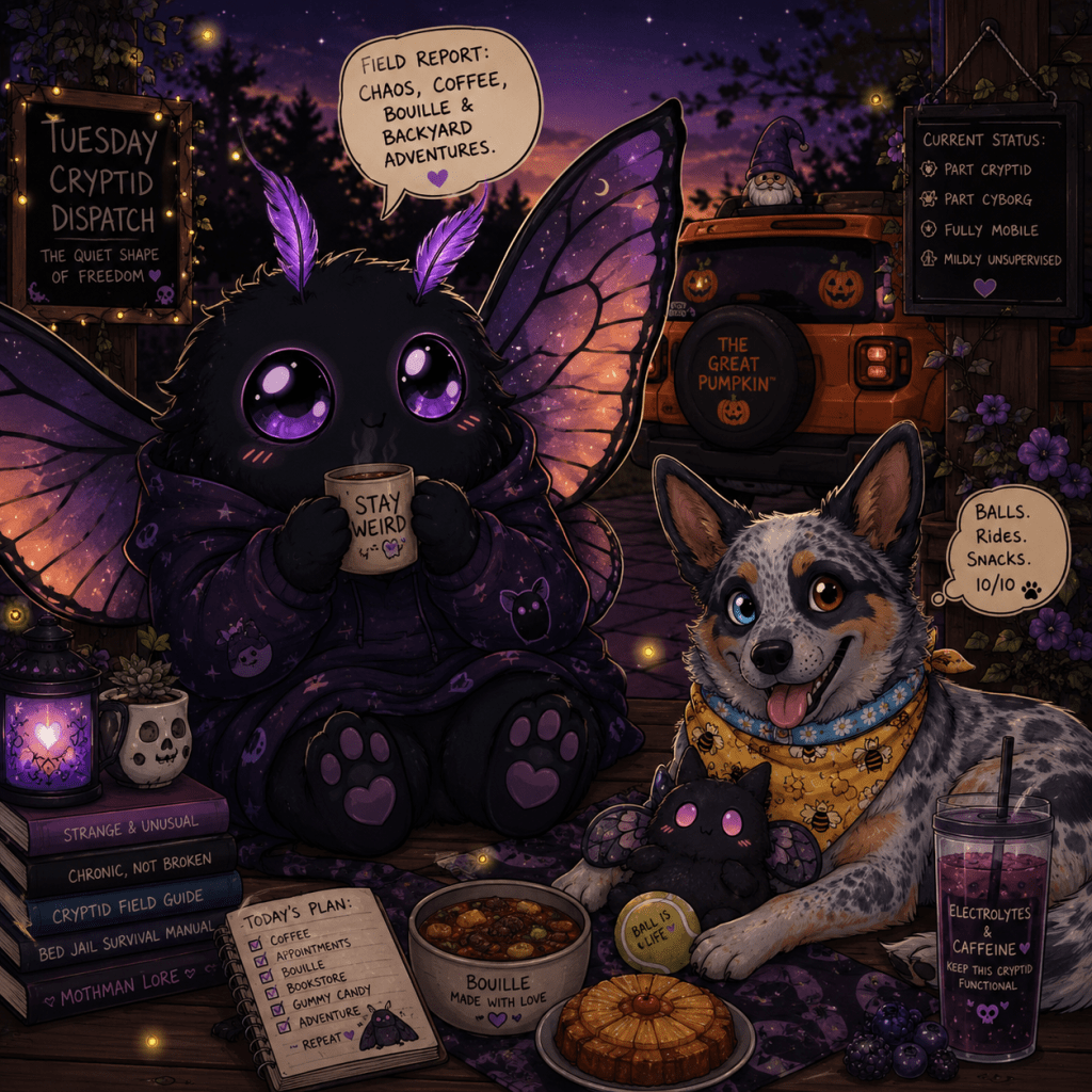 A spooky-cute, cartoony illustration at dusk with a purple and orange sunset sky and glowing fireflies. In the center sits an adorable chibi mothman cryptid with huge purple eyes, wearing an oversized dark purple hoodie decorated with tiny stars and cute spooky icons. The cryptid is holding a steaming mug labeled "Stay Weird" and has fluffy black fur and glowing moth wings with purple and peach tones. To the right lies Luna, an Australian Cattle Dog with one blue eye and one brown eye. She wears a yellow bandana decorated with honeybees and smiles happily with her tongue out. One paw rests near a tennis ball that says "Ball is Life," and she guards a tiny plush mothman toy. Behind them is an orange Jeep Renegade named "The Great Pumpkin™," decorated with jack-o'-lantern decals. A small wizard gnome wearing a purple hat sits on top of the Jeep. Around the scene are cozy details: a stack of books titled things like "Cryptid Field Guide" and "Bed Jail Survival Manual," a notebook listing the day's plans including coffee, appointments, books, gummy candy, and adventure, a bowl of bouille stew, a pineapple upside-down cake, and a large tumbler filled with purple blackberry-blueberry electrolyte drink labeled "Electrolytes & Caffeine." Wooden signs frame the scene. One reads, "Tuesday Cryptid Dispatch: The Quiet Shape of Freedom." Another lists the current status: "Part Cryptid, Part Cyborg, Fully Mobile, Mildly Unsupervised." A speech bubble above the mothman says, "Field Report: Chaos, Coffee, Bouille & Backyard Adventures." A speech bubble near Luna reads, "Balls. Rides. Snacks. 10/10." The entire illustration feels warm, whimsical, and lived in, like the end of a good day spent with family, comfort food, and a beloved service dog under a summer evening sky. 💜🐾🎃✨