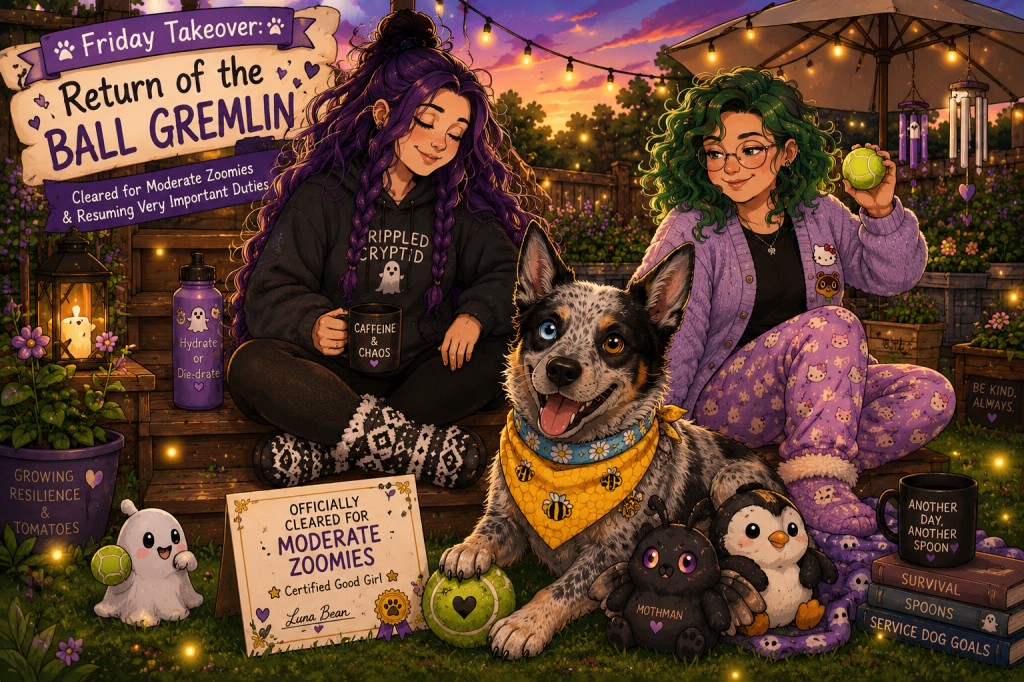 A warm, cartoony summer-evening illustration shows Luna Bean, an Australian Cattle Dog with one blue eye and one brown eye, lying happily in green grass with one paw resting on a neon green tennis ball. She wears a powder blue collar with white daisies and a yellow bandana patterned with honeybees and honeycombs. In front of her sits a playful certificate reading, "Officially Cleared for Moderate Zoomies, Certified Good Girl." Behind Luna, Sky sits cross-legged on wooden deck steps wearing black leggings, an oversized black hoodie, and black-and-white tribal-patterned moccasin slipper socks. Her waist-length purple hair is styled in loose braids, and she holds a black mug labeled "Caffeine & Chaos" while smiling softly at Luna. Beside her sits M&M, wearing glasses, a lavender cardigan, and cozy purple pajama pants patterned with cute characters. Her shoulder-length curly green hair frames her face as she grins and holds up another tennis ball, ready for more playtime. The backyard glows with golden string lights at sunset. Raised garden beds and flowers surround the deck, and a large patio umbrella stands in the background. Luna is accompanied by a black plush Mothman toy and a penguin plush. Small spooky-cute ghosts carrying tennis balls are scattered around the scene. Decorative signs and mugs feature phrases like "Growing Resilience & Tomatoes," "Another Day, Another Spoon," and "Service Dog Goals." The overall feeling is cozy, whimsical, and celebratory, capturing a service dog who is finally feeling like herself again and a family quietly exhaling as summer, healing, and moderate zoomies officially begin. 🐾🎾💜