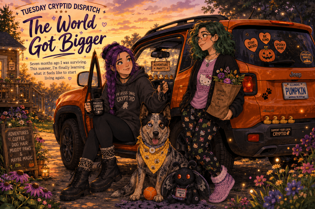 A warm, cartoon-style summer evening illustration shows Sky sitting in the open driver's seat of an orange Jeep Renegade named "The Great Pumpkin." She has long purple hair styled in a loose braid, wears a charcoal hoodie, black leggings, black combat boots, and patterned moccasin-style slipper socks, and smiles while holding a mug of coffee in one hand and her Jeep keys in the other. Beside the Jeep stands M&M, with shoulder-length curly green hair, glasses, and a cozy black cardigan over a pink Hello Kitty shirt, holding a paper grocery bag filled with wildflowers and snacks. In front of them sits Luna, an Australian Cattle Dog with one blue eye and one brown eye, wearing a yellow honeybee bandana and a powder-blue daisy collar. An orange tennis ball rests between her paws, and a spooky-cute plush Mothman wearing a tiny "Service Dingo" vest sits beside her. The orange Jeep is decorated with conversation-heart pumpkin decals reading "Stay Weird," "Be Kind," and "Spooky Babe," black paw-print decals near the rear wheel, a personalized "Pumpkin" license plate, a "Support Your Local Cryptid" bumper sticker, and several Jeep ducks lined across the rear bumper. A wooden sign hanging from the rearview mirror reads "Adventure Awaits." The background features a cozy home with a lit front porch, flower gardens bursting with colorful blooms, glowing lanterns, and golden fireflies drifting through the warm sunset. Decorative signs around the yard read "Home Base" and "Adventures, Coffee, Dog Hair, Muddy Paws & Maybe Magic." At the top of the image, the title reads "Tuesday Cryptid Dispatch: The World Got Bigger," with the subtitle: "Seven months ago I was surviving. This summer, I'm finally learning what it feels like to start living again." The overall feeling is hopeful, cozy, and whimsical, celebrating healing, found family, quiet adventures, and the joy of getting a little piece of life back.