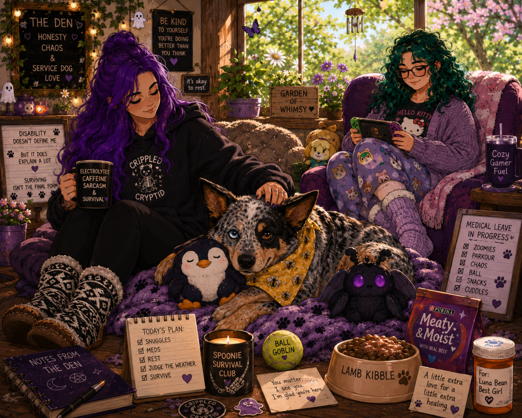 Cartoon-style illustration of a cozy spring afternoon inside The Den. Sky, a disabled blogger with long purple hair, sits comfortably in a black Cryptid hoodie, leggings, and black-and-white moccasin-style slipper socks while holding a mug that reads “Electrolytes, Caffeine, Sarcasm & Survival.” Beside them, Luna Bean, an Australian Cattle Dog with one blue eye and one brown eye, relaxes on a purple blanket wearing a yellow bee-patterned bandana. She cuddles a penguin plush and rests near a tennis ball labeled “Ball Goblin.” In the background, M&M sits in a plush chair wearing glasses, a purple cardigan, Animal Crossing pajama pants, and cozy lavender slipper socks while playing a Nintendo Switch. The room is filled with plants, fairy lights, spooky-cute decor, a Mothman plush, books, journals, and signs featuring messages about rest, survival, disability, and community. A spring garden blooms outside a large window, filling the room with warm sunlight and flowers. Nearby are Luna’s recovery supplies, including her lamb kibble, special soft food, and a sign joking about her medical leave from zoomies and chaos. The overall mood is warm, comforting, and focused on healing, rest, and the quiet joy of being together as a family. 🐾💜🌱