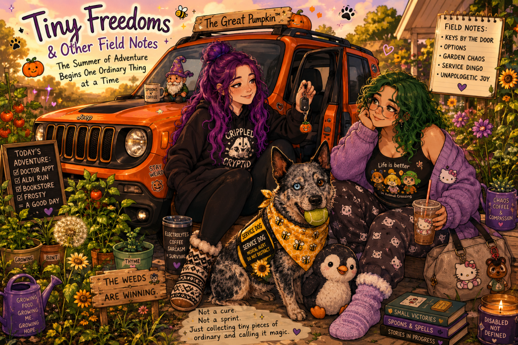 A warm, whimsical cartoon illustration set during a golden Illinois summer evening. An orange 2019 Jeep Renegade Trailhawk named The Great Pumpkin™ sits beside a lush, overflowing garden filled with tomatoes, herbs, flowers, and a comically large dandelion. A wooden sign in the garden reads, “The weeds are winning.” In front of the Jeep sits Sky, a disabled creator with long, wavy purple hair, wearing a black hoodie, black leggings, and black-and-white moccasin-style slipper socks with an Indigenous-inspired pattern. She smiles softly while holding up a set of car keys decorated with a tiny pumpkin keychain. A mug beside her reads, “Electrolytes, Coffee, Sarcasm, Survival.” Next to her sits M&M, with shoulder-length curly green hair, glasses, and cozy purple clothing, including fluffy lavender slipper socks. She holds an iced coffee and looks toward Sky with an affectionate expression. Her outfit and accessories feature Hello Kitty and Animal Crossing details. Between them sits Luna, their Australian Cattle Dog service dog, with one blue eye and one brown eye. Luna wears a yellow honeybee bandana and a sunflower-accented service dog vest while proudly holding a tennis ball. A penguin plush rests beside her. The image is filled with tiny joyful details, including pumpkins, stars, paw prints, flowers, and a dragon-hatted garden gnome sitting on the Jeep’s dashboard. Handwritten notes around the scene reference keys by the door, garden chaos, service dingo adventures, and unapologetic joy. At the bottom of the illustration, a handwritten quote reads: “Not a cure. Not a sprint. Just collecting tiny pieces of ordinary and calling it magic.” The overall mood is cozy, hopeful, and celebrates finding freedom and adventure in everyday moments. 💜🐾🎃🌱