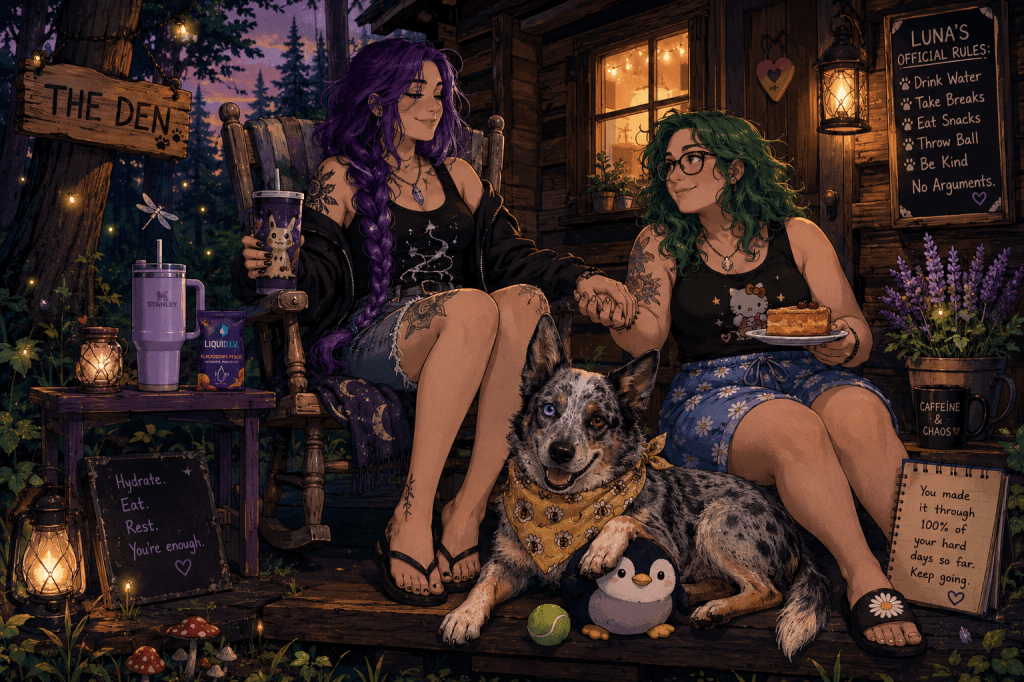 **Alt Text:** A cozy, spooky-cute illustrated woodland cabin glows with warm golden light on a summer evening as fireflies drift through the surrounding pine trees. A wooden sign reading "The Den" hangs from a tree beside the porch. Sky, with waist-length purple hair in a loose braid, sits comfortably in a weathered rocking chair wearing a lightweight black hoodie over a black tank top, ripped jean shorts, and black flip-flops. She holds a Mimikyu tumbler filled with iced coffee while a lavender Stanley cup and a packet of Blackberry Peach Liquid I.V. rest on a small side table nearby. Beside her, M&M, with shoulder-length curly green hair, glasses, and a black Hello Kitty tank top, sits on the porch steps wearing blue daisy-print shorts and black slides while smiling warmly and holding Sky's hand. A plate with a slice of pineapple upside-down cake topped with extra cherries rests in her other hand. Front and center, Luna, an Australian Cattle Dog with one blue eye and one brown eye, lies protectively across the porch wearing a yellow honeybee bandana. One paw rests on her favorite penguin plush while a well-loved green tennis ball sits nearby. Around the porch are thoughtful little details, including lanterns casting a soft glow, a chalkboard reminding visitors to "Hydrate. Eat. Rest. You're enough," a whimsical sign listing "Luna's Official Rules," a dragonfly, mushrooms, lavender flowers, and a notebook encouraging readers by reminding them they've already made it through every hard day so far. The entire scene feels peaceful, welcoming, and lived in, like a safe place waiting with the porch light on for anyone who needs somewhere to rest.
