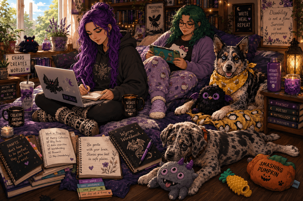 A cozy, cartoon-style illustration of a bedroom transformed into a creative writing sanctuary. In the foreground, a woman with long, waist-length purple hair sits cross-legged on a bed wearing a charcoal hoodie, black leggings, and patterned black-and-white moccasin-style slipper socks. She writes in a notebook beside an open laptop decorated with spooky stickers, a mug of coffee nearby. Behind her, her partner with shoulder-length curly green hair, hazel eyes, and black-framed glasses relaxes against pillows wearing a Hello Kitty shirt, a lavender cardigan, purple pajama pants, and fluffy lavender slipper socks while playing a handheld gaming console. Beside them, an Australian Cattle Dog with one blue eye and one brown eye wears a yellow honeybee bandana and happily guards a black Mothman plush and a penguin blanket. In the foreground, an eight-week-old harlequin Great Dane and Anatolian Shepherd puppy with a red collar lies splooted across the floor chewing a gray three-eyed monster toy. A pineapple teether and a BarkBox Smashing Pumpkin toy rest nearby. The room is filled with bookshelves, hanging plants, candles, fairy lights, cryptid artwork, and handwritten journals scattered across the bed. Open notebooks contain writing plans, poetry notes, and reminders to be gentle with yourself. Purple, black, and warm golden tones create a comforting atmosphere that conveys creativity, healing, companionship, and the quiet determination to keep writing despite chronic illness and recovery.