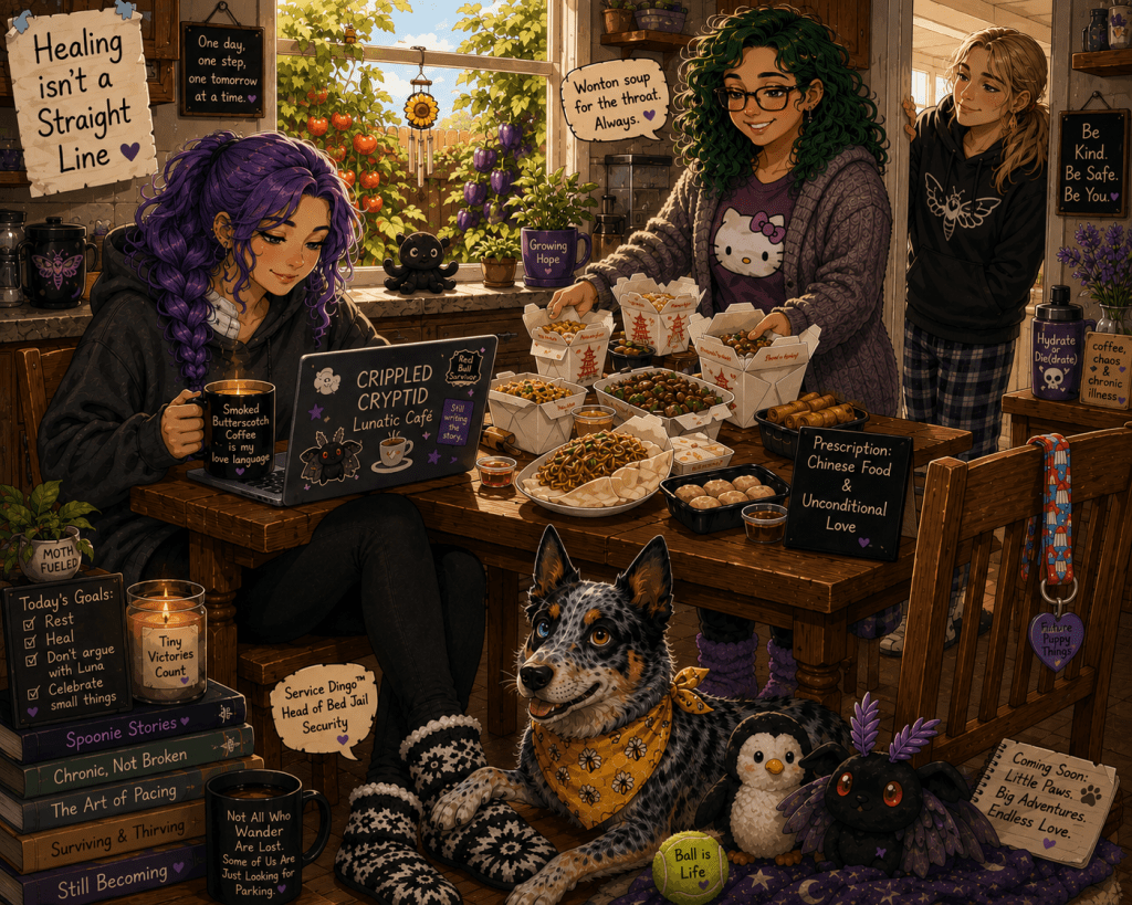 A warm, whimsical cartoon illustration of a cozy summer kitchen filled with love and quiet recovery. Sky, with long purple hair braided over one shoulder, sits comfortably at a wooden table wearing a charcoal hoodie, black leggings, and black-and-white moccasin-style slipper socks while writing on her laptop beside a mug of smoked butterscotch coffee. Behind her, M&M, with shoulder-length curly green hair, glasses, and a cozy cardigan over a Hello Kitty shirt, sets out a feast of Chinese takeout including wonton soup, fried rice, crab rangoon, noodles, and other dishes. In the doorway, the Yard Yeti, with long dirty-blonde hair tied in a low ponytail, smiles as he quietly checks in on everyone. Under the table, Luna Bean, an Australian Cattle Dog with one blue eye and one brown eye, wears a yellow honeybee bandana while keeping watch beside her tennis ball, penguin plush, and a chubby Mothman plush on a cozy blanket. Sunlight streams through the kitchen window onto a thriving summer garden filled with ripe tomatoes and purple peppers. A colorful Rocket Pop puppy collar hangs from a nearby chair, waiting for the family's future puppy. Handwritten signs around the room read "Healing Isn't a Straight Line" and "Prescription: Chinese Food & Unconditional Love," capturing the illustration's theme of healing through family, comfort, and hope.