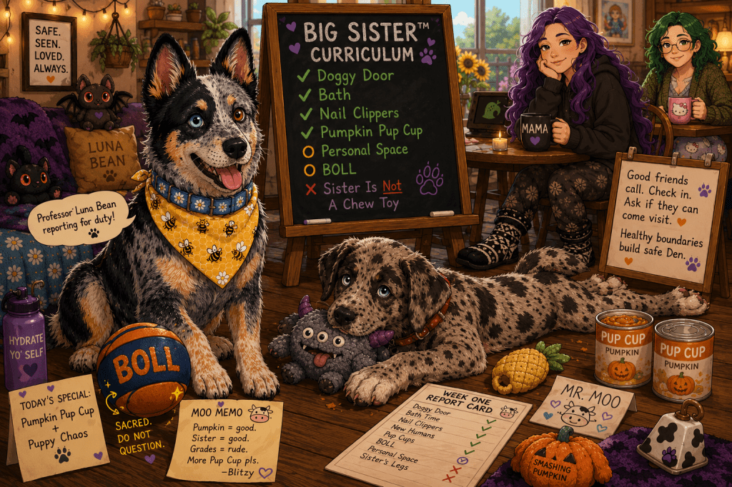 Cartoon-style illustration of Luna, a blue-mottled Australian Cattle Dog with one blue eye and one brown eye, sitting proudly in a yellow bee bandana beside a chalkboard labeled “Big Sister Curriculum.” Her new baby brother Blitzø, a floppy-eared, gray-brown mottled Great Dane and Anatolian Shepherd mix with pale blue-gray eyes and a red collar, lies splooted across the floor chewing his three-eyed monster toy. The chalkboard tracks his first-week accomplishments, including the doggy door, baths, nail clipping, pumpkin Pup Cups, personal space, boll, and learning that “Sister Is Not a Chew Toy.” Around them are pumpkin Pup Cups, Luna’s ball labeled “BOLL,” a Mr. Moo sign, cowbell, pineapple toy, Smashing Pumpkin toy, a humorous puppy report card, and cozy cryptid décor. In the background, Mama sits comfortably with long wavy purple hair and no glasses beside Mama #2, who has curly green hair and glasses. A nearby sign celebrates friends who call, check in, ask before visiting, and respect healthy boundaries. The warm, playful scene celebrates Luna’s first week as a Big Sister™, Blitzø settling into the Den, friendship, healing, and making room for love without anyone having to become smaller.