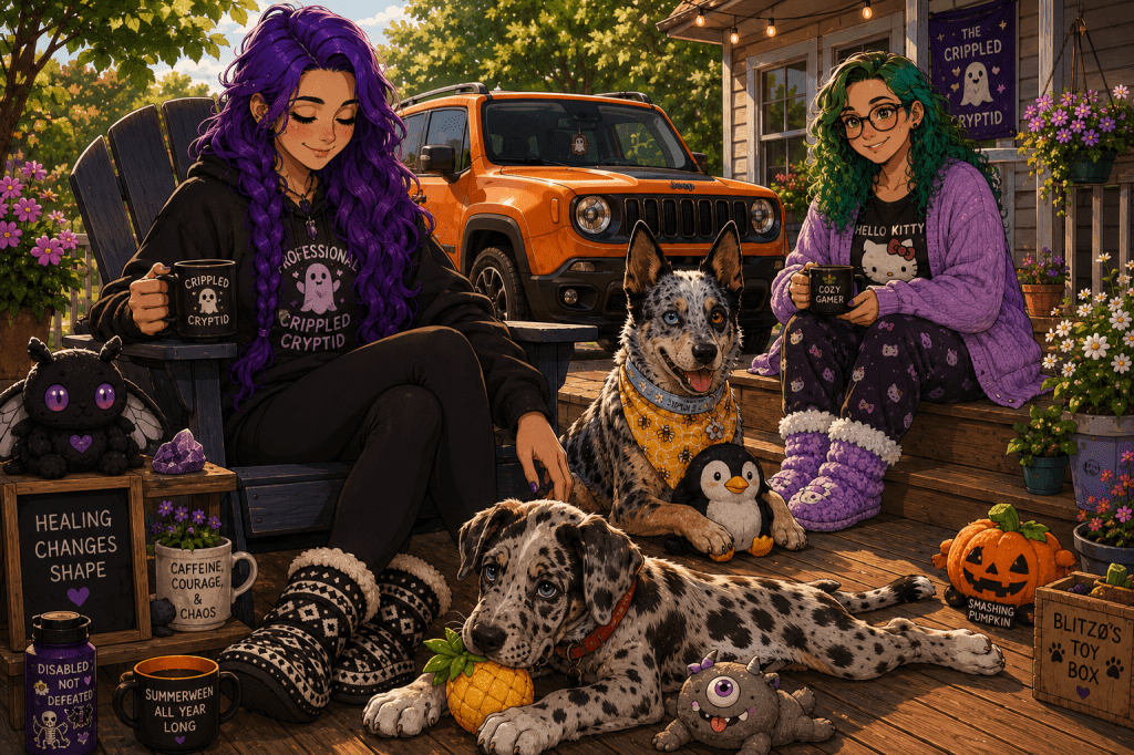 A cozy, cartoon-style illustration of a peaceful summer afternoon on a wooden backyard deck. Sky, a woman with waist-length purple hair in two loose braids, sits comfortably in a black Adirondack chair wearing a black hoodie, black leggings, and black-and-white Ojibwe-inspired moccasin slipper socks while holding a coffee mug. Behind her is her bright orange Jeep Renegade, nicknamed "The Great Pumpkin." Beside Sky sits Luna, an Australian Cattle Dog with one blue eye and one brown eye, wearing a yellow honeybee bandana and guarding a small penguin plush toy. In the foreground, Blitzø, an eight-week-old harlequin Great Dane and Anatolian Shepherd puppy with bright blue eyes and a red collar, lies splooted across the deck chewing on a pineapple-shaped teething toy. M&M, with shoulder-length curly green hair, glasses, and a lavender cardigan over a Hello Kitty shirt, sits on the porch steps smiling warmly with a mug in hand. The deck is decorated with flowers, cozy mugs, spooky-cute decorations, a plush Mothman, a small pumpkin, and signs reading "Healing Changes Shape" and "Summerween All Year Long," creating a warm, lived-in atmosphere that celebrates healing, family, and the quiet joy of everyday life.