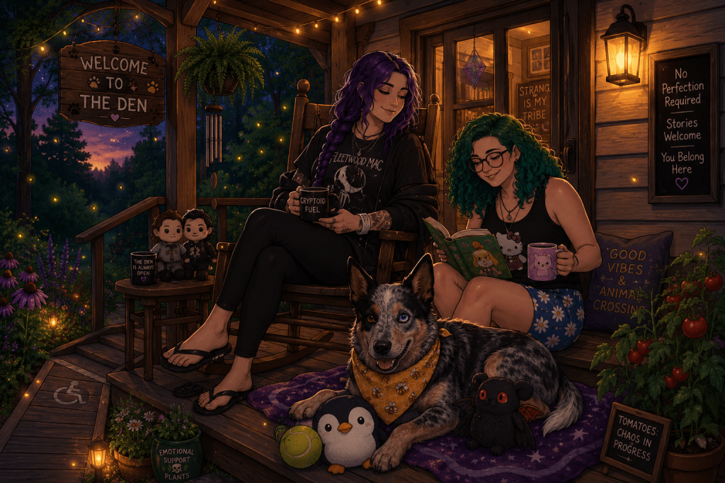 A cozy, cartoon-style summer evening on the front porch of a woodland cabin at dusk. A warm porch light glows above a handmade wooden sign reading "Welcome to The Den" as golden fireflies drift through the trees. Sky, a woman with waist-length purple hair in a loose braid, relaxes in a wooden rocking chair wearing a black band T-shirt, lightweight black hoodie, black leggings, and black flip-flops. She smiles while holding a mug labeled "Cryptid Fuel," with a hospital wristband visible on one wrist. Beside her sits M&M, a woman with shoulder-length curly green hair, glasses, and hazel eyes, wearing a black tank top and blue shorts decorated with white daisies while reading a book and holding a lavender mug adorned with a cute character. In the foreground, Luna, an Australian Cattle Dog with one blue eye and one brown eye, lies comfortably on a purple blanket wearing a yellow honeybee bandana. She proudly guards a tennis ball, a plush penguin, and a spooky-cute black Mothman plush. Nearby are potted flowers, tomato plants with a small sign reading "Tomatoes: Chaos in Progress," and a pot humorously labeled "Emotional Support Plants." Wind chimes hang from the porch ceiling, string lights cast a warm glow overhead, and an accessibility ramp leads to the porch. The overall feeling is peaceful, welcoming, and full of quiet love, capturing the comforting spirit of The Den where healing, rest, and community are always welcome. 🏡🐾💜