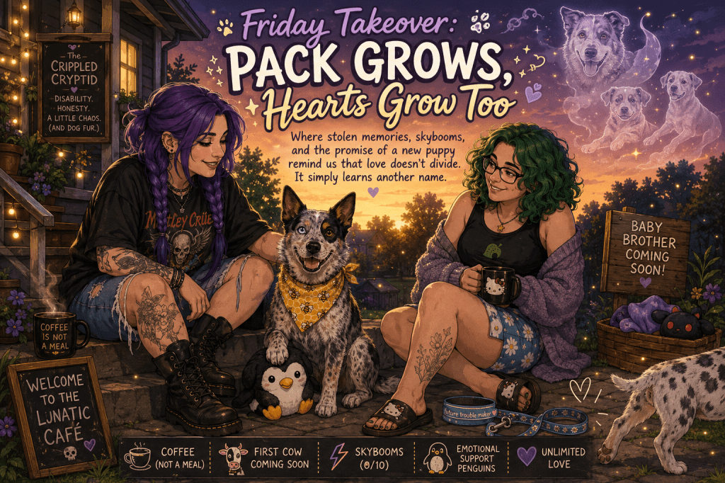 A warm, cartoon-style summer illustration at sunset shows Sky and M&M sitting together on the front steps of their home with Luna Bean, their Australian Cattle Dog, happily seated between them. Sky has long purple hair in two braids and wears an oversized black band T-shirt with ripped jean shorts, while M&M has shoulder-length curly green hair, glasses, a black tank top, a cozy purple cardigan, and blue daisy-print shorts. Luna wears her yellow honeybee bandana and smiles proudly while guarding a plush penguin toy. Around them are playful signs that reference recurring themes from The Crippled Cryptid, including "Welcome to the Lunatic Café," "Coffee Is Not a Meal," and "Baby Brother Coming Soon!" A tiny puppy, shown only partially as it steps into the frame, hints at the newest member of the family without revealing him completely. Above the trio, a soft, glowing spirit-like image of Bear watches over them from the evening sky, symbolizing remembrance and enduring love rather than sadness. Fireflies drift through the warm summer air, string lights glow around the porch, and the golden sunset fills the scene with hope. The overall feeling is one of comfort, family, remembrance, and anticipation, celebrating a growing pack while honoring the dogs and memories that came before.