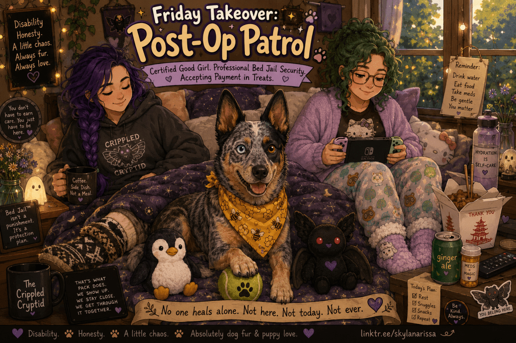 A cozy, cartoon-style illustration shows a post-surgery recovery scene inside a warmly lit bedroom. In the center, Luna, an Australian Cattle Dog with one blue eye and one brown eye, smiles proudly while wearing a yellow honeybee bandana. One paw rests on a well-loved tennis ball, with a small penguin plush and a spooky-cute black Mothman plush sitting beside her like fellow members of the recovery team. Behind Luna, Sky rests comfortably beneath a galaxy-patterned blanket, wearing an oversized charcoal hoodie with a moth design, black leggings, and black-and-white moccasin-style slipper socks. Her waist-length purple hair is loosely braided over one shoulder, and she smiles peacefully while holding a mug that jokes, "Coffee. Side dish. Not a meal." Beside her, M&M relaxes in a lavender cardigan and cozy pajama pants decorated with Animal Crossing characters. Her shoulder-length curly green hair frames her glasses as she quietly plays a Nintendo Switch. The room is filled with comforting details: Chinese takeout, ginger ale, water, medication, flowers, blankets, fairy lights, ghost decorations, and handwritten reminder signs about hydration, rest, and self-care. Large lettering at the top reads, "Friday Takeover: Post-Op Patrol," with the subtitle, "Certified Good Girl. Professional Bed Jail Security. Accepting Payment in Treats." Around the room are encouraging messages such as "You don't have to earn care. You just have to be here," and "Bed Jail™ isn't a punishment. It's a protection plan." Across the bottom of the illustration, a banner reads, "No one heals alone. Not here. Not today. Not ever." The overall mood is warm, whimsical, and reassuring, celebrating disability, recovery, chosen family, and the quiet comfort of a devoted service dog watching over her people.