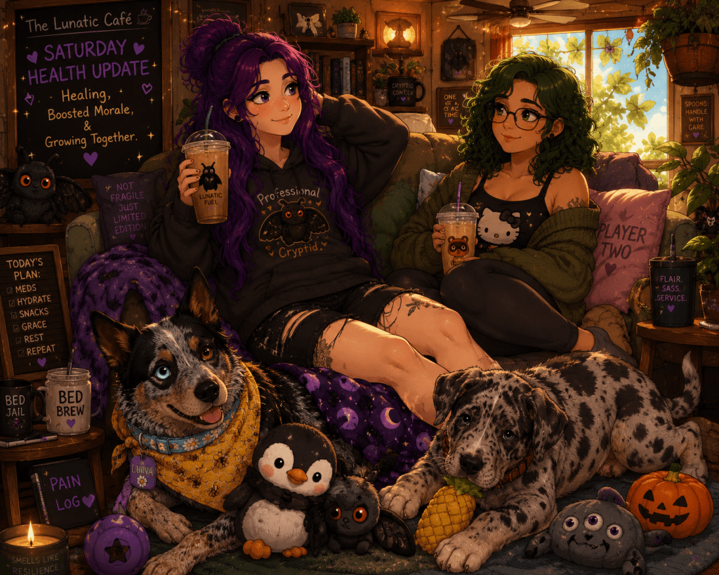 A cozy, cartoon-style illustration set inside the fictional Lunatic Café. Sky, with long purple hair, sits comfortably on a green couch wearing an oversized black Mothman hoodie and ripped black shorts while holding an iced coffee decorated with a tiny Mothman. Beside her sits M&M, with curly green hair, glasses, and a cozy cardigan over a Hello Kitty shirt, smiling warmly while holding an iced coffee. At their feet, Luna, a blue Australian Cattle Dog with one blue eye and one brown eye, wears a yellow honeybee bandana and powder blue daisy collar while relaxing protectively beside her favorite penguin plush and a purple ball. Next to her, Blitzø, a young harlequin Great Dane and Anatolian Shepherd puppy with a red collar, lies splooted across the floor chewing on his pineapple teether, with his gray three-eyed monster toy and pumpkin toy nearby. The room is filled with bookshelves, hanging plants, fairy lights, cryptid decorations, spooky-cute Mothman plushies, and signs reading "Saturday Health Update," "The Lunatic Café," and reminders to rest, hydrate, and give yourself grace. Warm summer sunlight streams through the windows, creating a peaceful atmosphere that celebrates healing, family, disability, and finding joy in everyday moments.