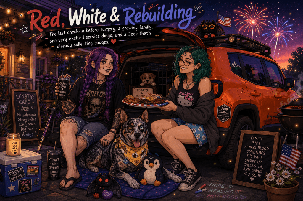 A cozy, spooky-cute illustrated Fourth of July scene at sunset. Sky, a woman with waist-length purple hair in two braids, sits on the open tailgate of her bright orange Jeep Renegade "Pumpkin," smiling while holding an iced coffee. She's wearing a black rock band T-shirt, ripped jean shorts, and black flip-flops, with a cane resting beside her. Next to her sits M&M, who has shoulder-length curly green hair, glasses, and a black Hello Kitty tank top with blue daisy-print shorts. She's laughing while carrying a plate piled high with barbecue food. Between them is Luna, a happy Australian Cattle Dog with one blue eye and one brown eye, wearing a yellow honeybee bandana. She lies proudly on a blanket beside her favorite penguin plush while looking directly at the viewer. A tiny chonky Mothman plush sits nearby, adding a playful cryptid touch. Inside the Jeep's open cargo area, a puppy peeks out from a crate labeled "Potato in Training," teasing the newest family member. Pumpkin proudly displays her first Jeep Badge of Honor on the side, while tiny American flags, glowing string lights, and colorful fireworks fill the warm summer evening sky. Around the scene are little details that feel like home: a chalkboard reading "Lunatic CafƩ" with "No judgments. Strong coffee. Comfy seats. Dog hair. Always.", a cooler covered in disability-positive stickers, a tumbler that says "Hydrate or Die-drate," a barbecue grill smoking in the background, and a small framed sign that reads, "Family isn't always blood. Sometimes it's who shows up, checks in, and saves you soup." Across the top, the title reads "Red, White & Rebuilding" with the subtitle, "The last check-in before surgery, a growing family, one very excited service dingo, and a Jeep that's already collecting badges." The overall mood is warm, hopeful, whimsical, and deeply lived in, celebrating healing, found family, disability, adventure, and quiet joy.