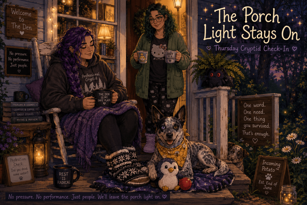 A cozy, storybook-style illustration of a woodland farmhouse porch at dusk. A woman with waist-length purple hair sits in a weathered white rocking chair, bundled in an oversized charcoal hoodie, black leggings, patterned black-and-white moccasin-style slipper socks, and a purple blanket while holding a warm mug of coffee. Behind her, a second woman with shoulder-length curly green hair, glasses, and a green cardigan steps through the front door carrying two mugs. An Australian Cattle Dog with one blue eye and one brown eye lies happily at the front of the porch wearing a yellow honeybee bandana, guarding a plush penguin toy and a red ball. A tiny puppy peeks around the porch steps in the background as a playful teaser for a future family member. A small spooky-cute Mothman plush sits on the porch railing beside a fern. Warm lantern light spills from the windows, books line a nearby shelf, and hand-painted signs around the porch read welcoming messages about rest, hydration, and community. Fireflies glow in the evening air, wildflowers bloom along the steps, and the entire scene feels peaceful, safe, and inviting, like a cozy place to rest and be welcomed exactly as you are.