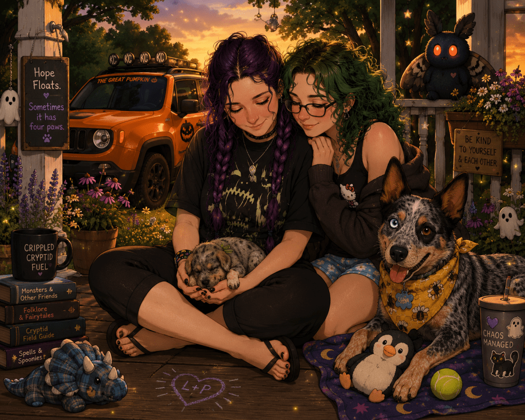 A cozy, spooky-cute cartoon illustration of a summer evening on a front porch at sunset. Sky, with long purple braids, sits cross-legged in an oversized black graphic T-shirt and black flip-flops, smiling softly as a tiny speckled merle puppy wearing a green ribbon sleeps peacefully in her cupped hands. Beside her, M&M, with shoulder-length curly green hair, glasses, a black tank top, and blue daisy shorts, leans against her shoulder with a warm smile. Luna, their Australian Cattle Dog with one blue eye and one brown eye, wears a yellow honeybee bandana and lies proudly nearby with a penguin plush and a tennis ball, watching over the family. Behind them, their bright orange Jeep Renegade, The Great Pumpkin, is parked among wildflowers and glowing fireflies. A fluffy cartoon Mothman with glowing red eyes perches on the porch railing, watching over the scene. Hidden near the porch steps is a blue plaid triceratops plush as a quiet tribute to Bear. Handwritten porch signs read, “Hope Floats. Sometimes it has four paws,” and “Be kind to yourself & each other.” Books with whimsical titles, a mug reading “Crippled Cryptid Fuel,” tiny friendly ghosts, pumpkins, and other spooky details complete the warm, hopeful scene, celebrating healing, family, and the promise of a new beginning. 🖤🥔🐾