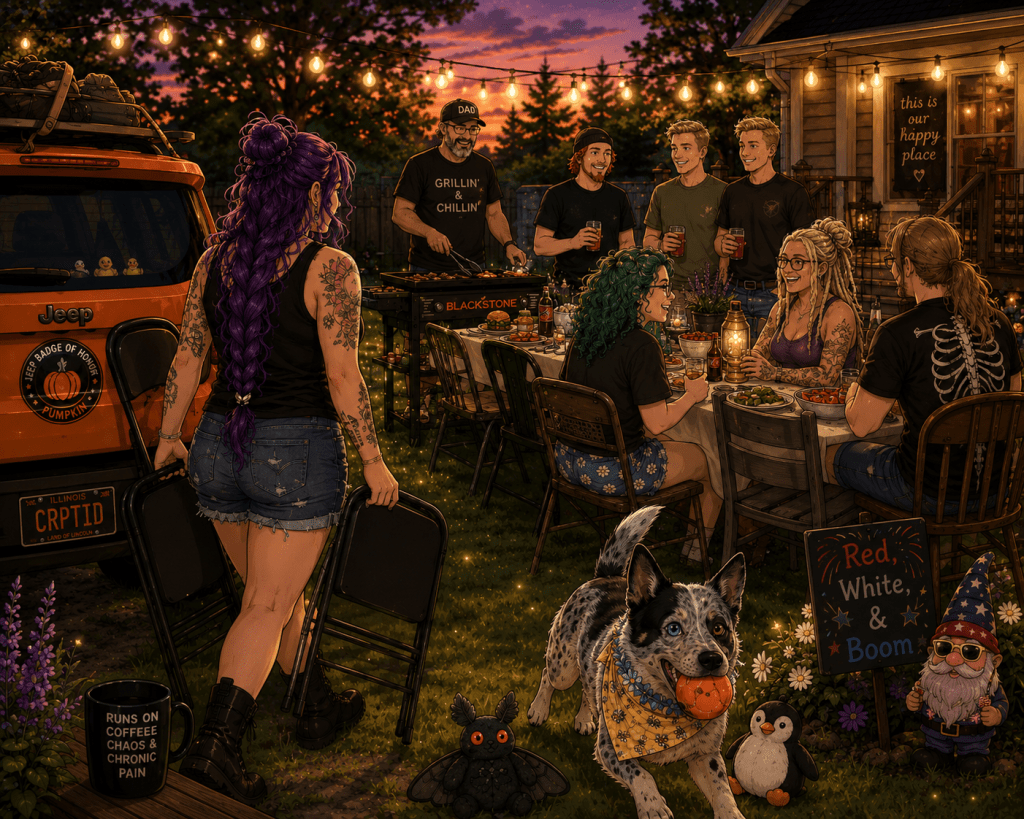 A cozy, cartoony summer evening backyard scene glows beneath string lights at sunset. In the foreground, Sky, with waist-length purple hair in a loose braid, a black tank top, ripped denim shorts, and black combat boots, carries two folding chairs toward a lively family gathering. Beside her is Pumpkin, an orange Jeep Renegade decorated with Jeep ducks and a Badge of Honor emblem. Around a Blackstone grill, family members laugh and talk while sharing burgers and drinks. M&M sits at the table with shoulder-length curly green hair, glasses, and blue daisy shorts. Nearby, Kim has long blonde dreadlocks and glasses, while BJ, the Yard Yeti, sits in a black skeleton T-shirt with his dirty blonde hair pulled into a long ponytail. Three stepbrothers stand near the grill, including one redhead wearing a black beanie with a short goatee and two blond brothers with short hair. In the foreground, Luna, a happy Australian Cattle Dog with one blue eye and one brown eye, trots across the grass carrying her favorite orange ball. She wears a yellow honeybee bandana, and beside her sit a small penguin plush and a spooky-cute black Mothman plush. A cheerful "Red, White, & Boom" sign and a patriotic garden gnome decorate the flower bed, while a black mug reading "Runs on Coffee, Chaos & Chronic Pain" rests near the porch. Fireflies twinkle across the yard, and the warm lights from the house and gathering create a peaceful, welcoming atmosphere that celebrates family, healing, and the joy of finally needing more chairs around the table. 🖤