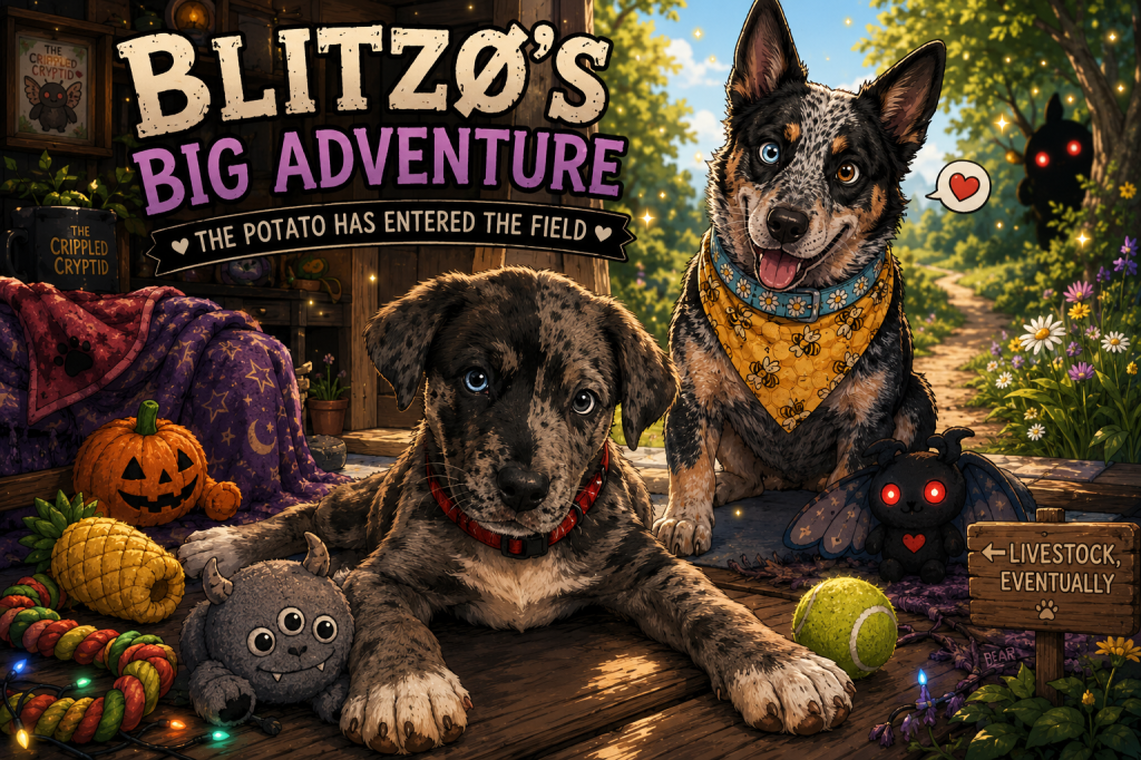 Colorful spooky-cute cartoon illustration for Blitzø’s Big Adventure. Eight-week-old Blitzø, a brindle Great Dane and Anatolian Shepherd puppy with a dark face, floppy ears, oversized paws, and a red collar, sploots across a wooden porch beside his gray three-eyed imp toy. Behind him sits Luna, an Australian Cattle Dog with one blue eye and one brown eye, wearing her powder-blue daisy collar and a yellow honeybee bandana. A tennis ball, rope toy, pineapple teether, pumpkins, cozy blankets, flowers, and a tiny Mothman plush surround them. A shadowy Mothman peeks playfully from the sunny summer garden beyond the porch, where a winding path suggests adventures ahead. A wooden sign jokes, “Livestock, Eventually.” Large text reads, “Blitzø’s Big Adventure: The Potato Has Entered the Field.”